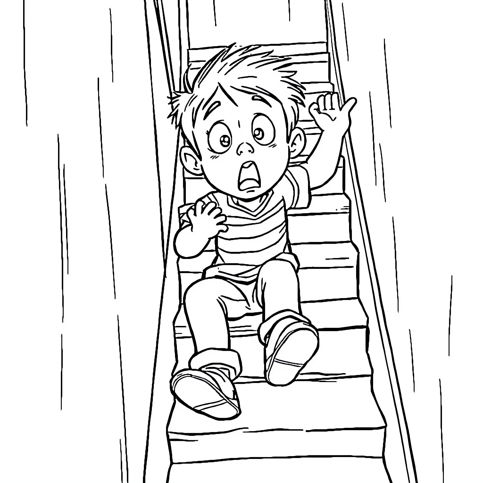 Kid scared while climbing stairs Coloring Page (free black-and-white line drawing printable PDF for all, from beginners to advanced learners, including children, teens, adults, and seniors)
