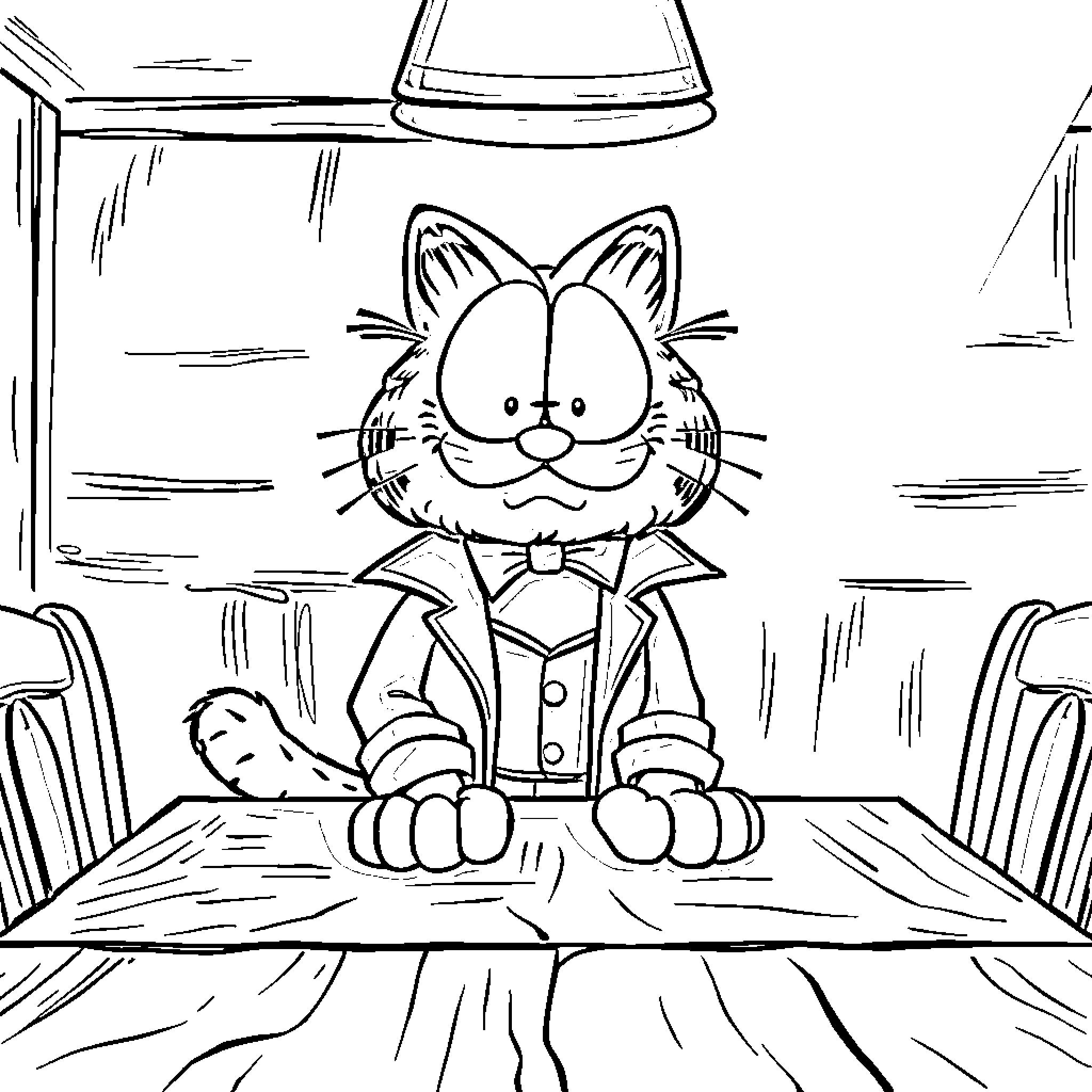 Garfield sitting at the table Coloring Page (free black-and-white line drawing printable PDF for all, from beginners to advanced learners, including children, teens, adults, and seniors)
