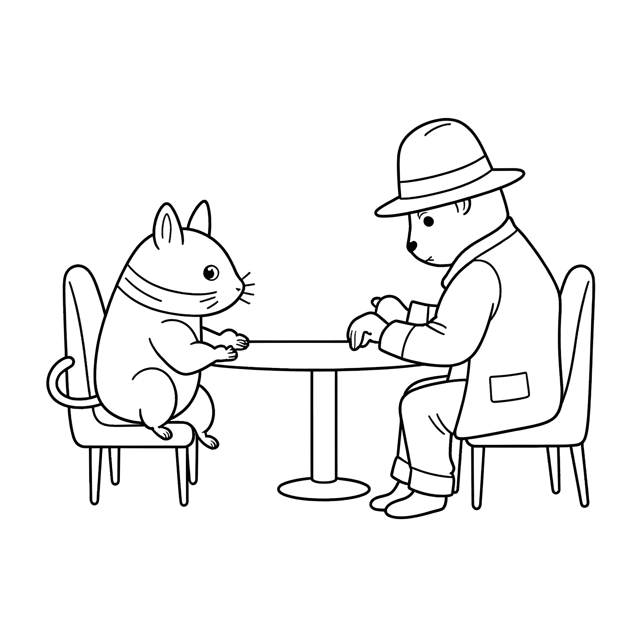 Ninja Hamster enjoys a friendly tea time with a human Coloring Page (free black-and-white line drawing printable PDF for all, from beginners to advanced learners, including children, teens, adults, and seniors)