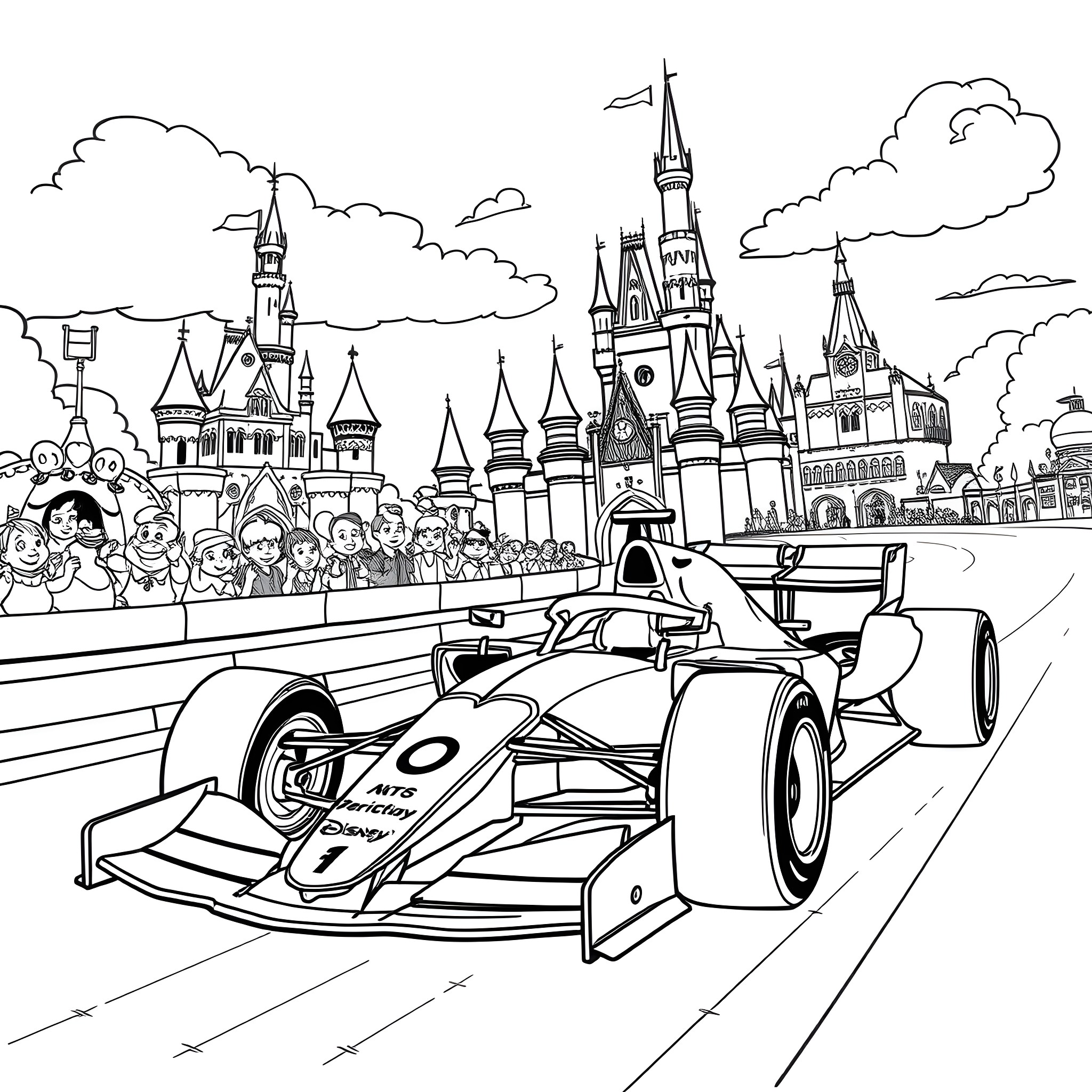 Formula 1 Car Racing Through Magical Cityscape Coloring Page (free black-and-white line drawing printable PDF for all, from beginners to advanced learners, including children, teens, adults, and seniors)
