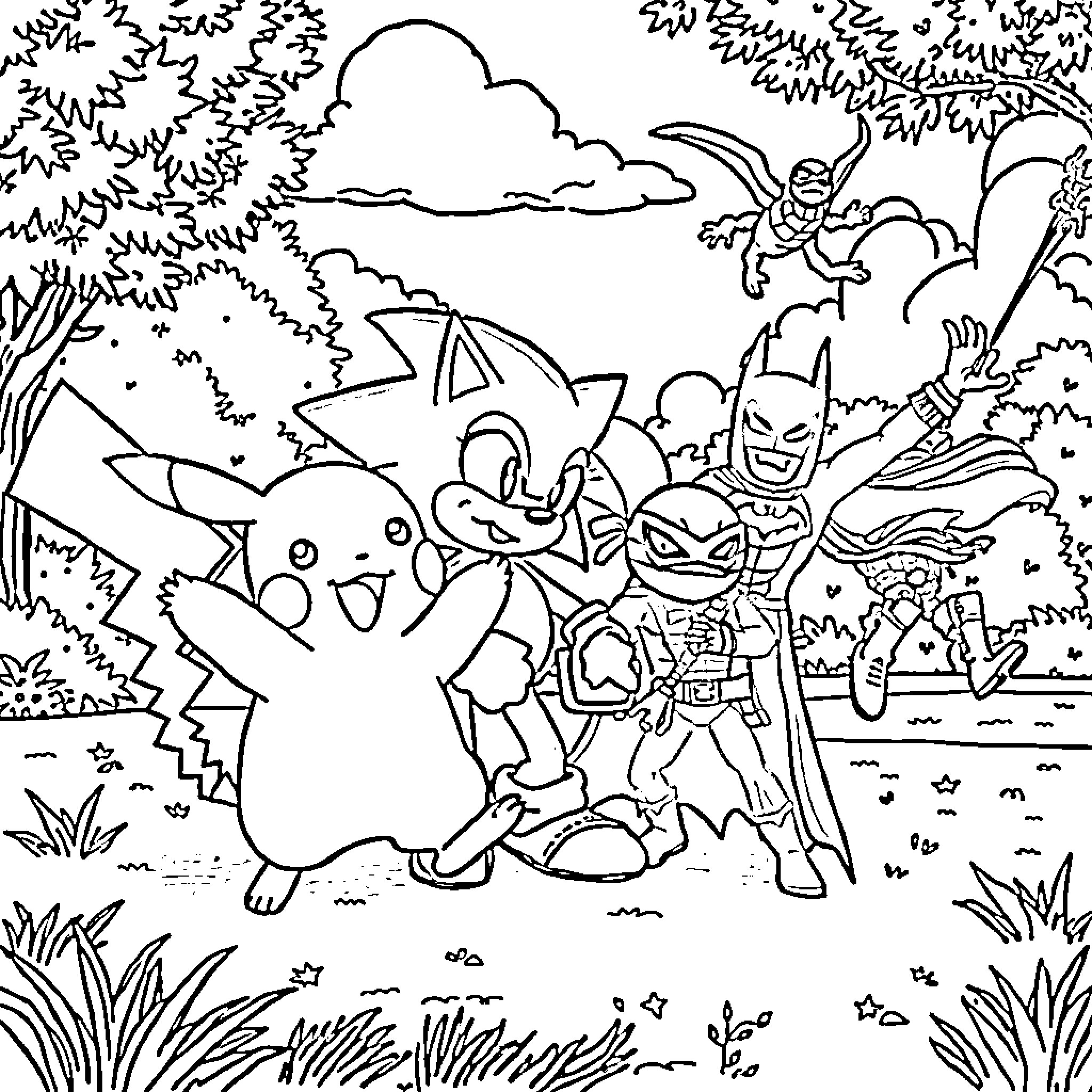 Character adventure in the enchanted forest Coloring Page (free black-and-white line drawing printable PDF for all, from beginners to advanced learners, including children, teens, adults, and seniors)