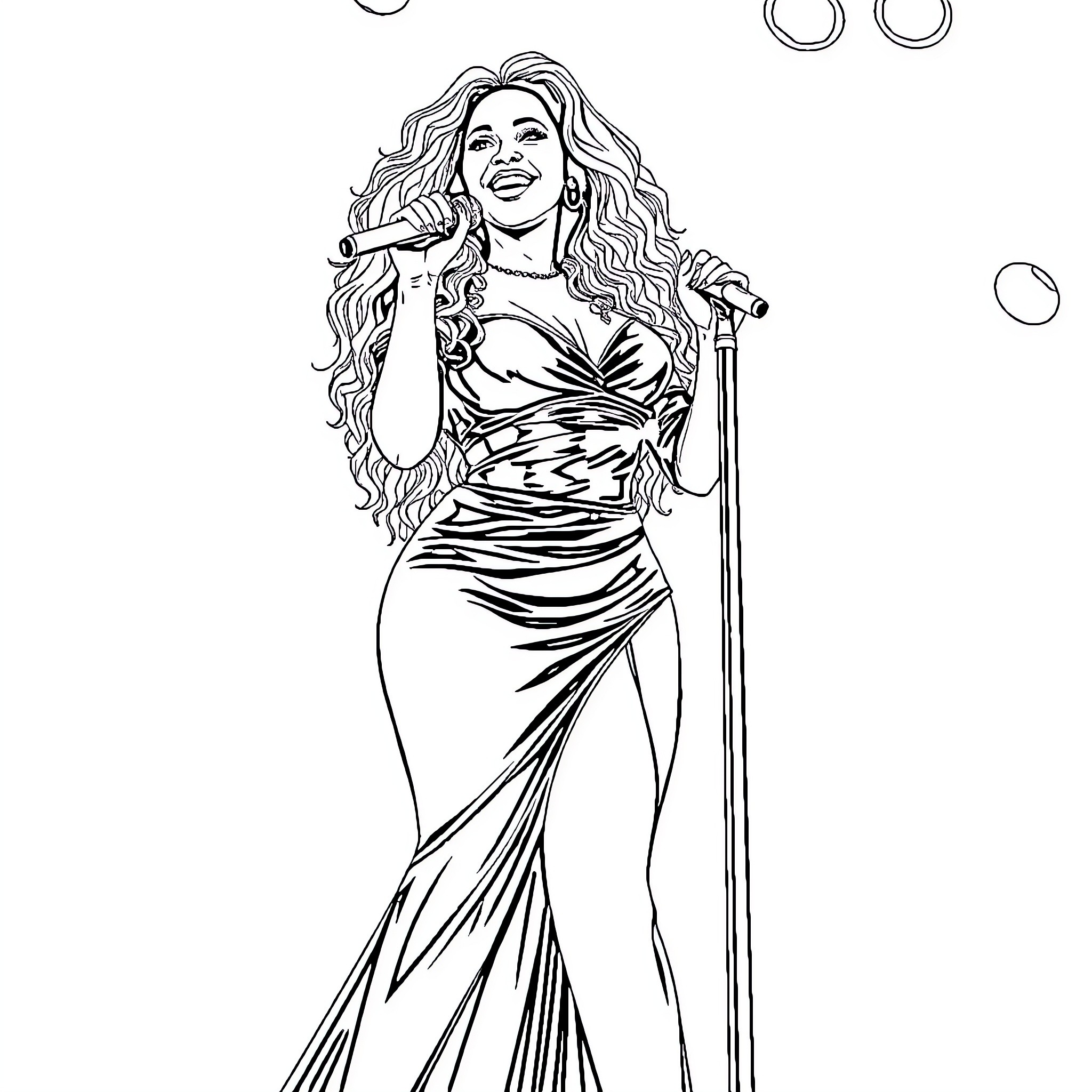 Beyonce performing on stage in a glamorous outfit Coloring Page (free black-and-white line drawing printable PDF for all, from beginners to advanced learners, including children, teens, adults, and seniors)