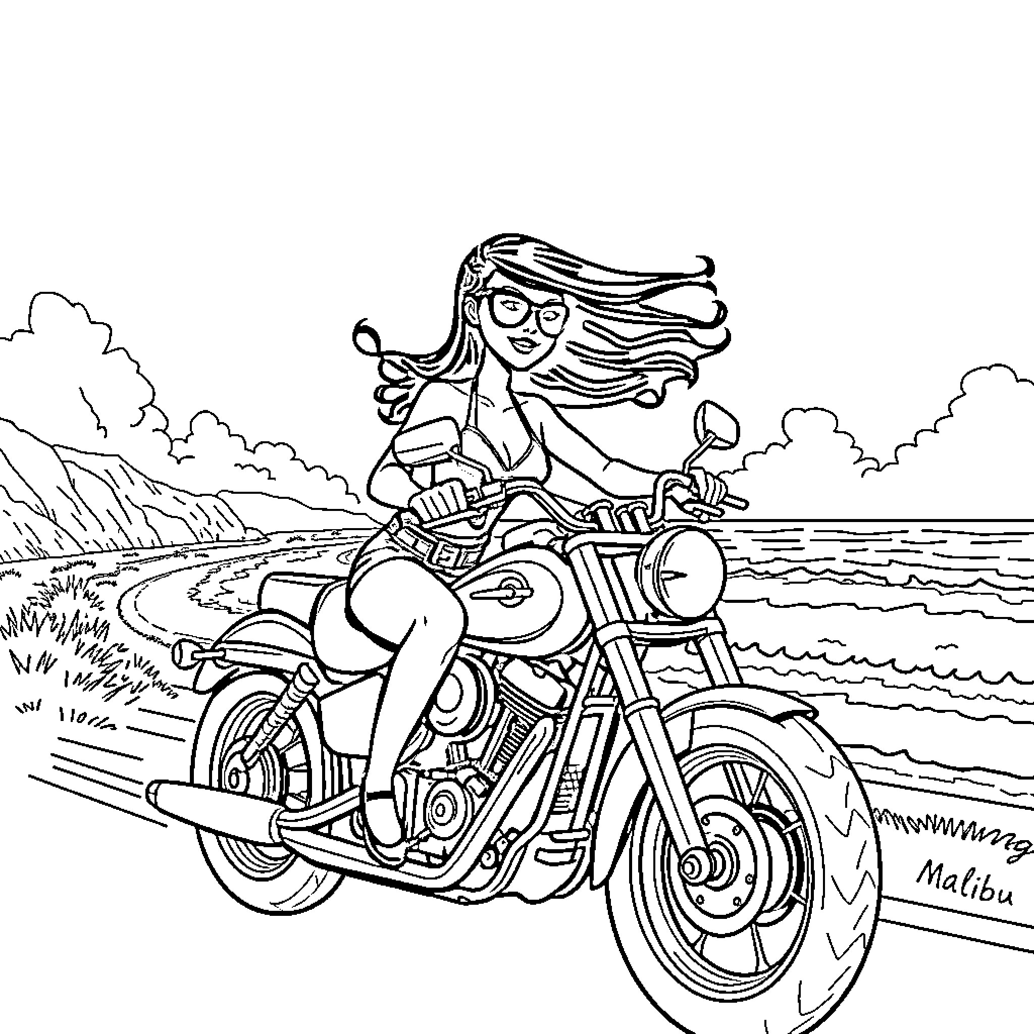 Wednesday Adams riding a motorcycle on the beach Coloring Page (free black-and-white line drawing printable PDF for all, from beginners to advanced learners, including children, teens, adults, and seniors)