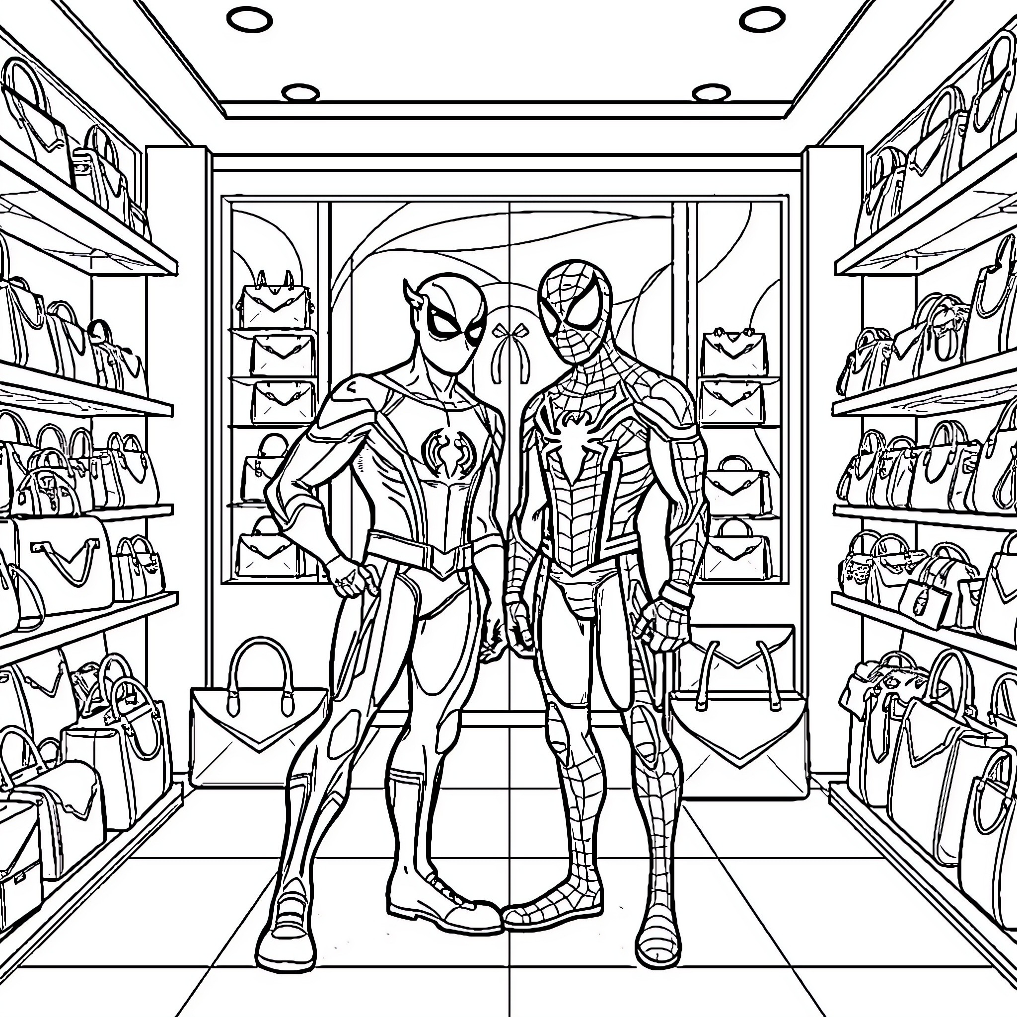 Flash McQueen and Spider-Man in action figure store Coloring Page (free black-and-white line drawing printable PDF for all, from beginners to advanced learners, including children, teens, adults, and seniors)