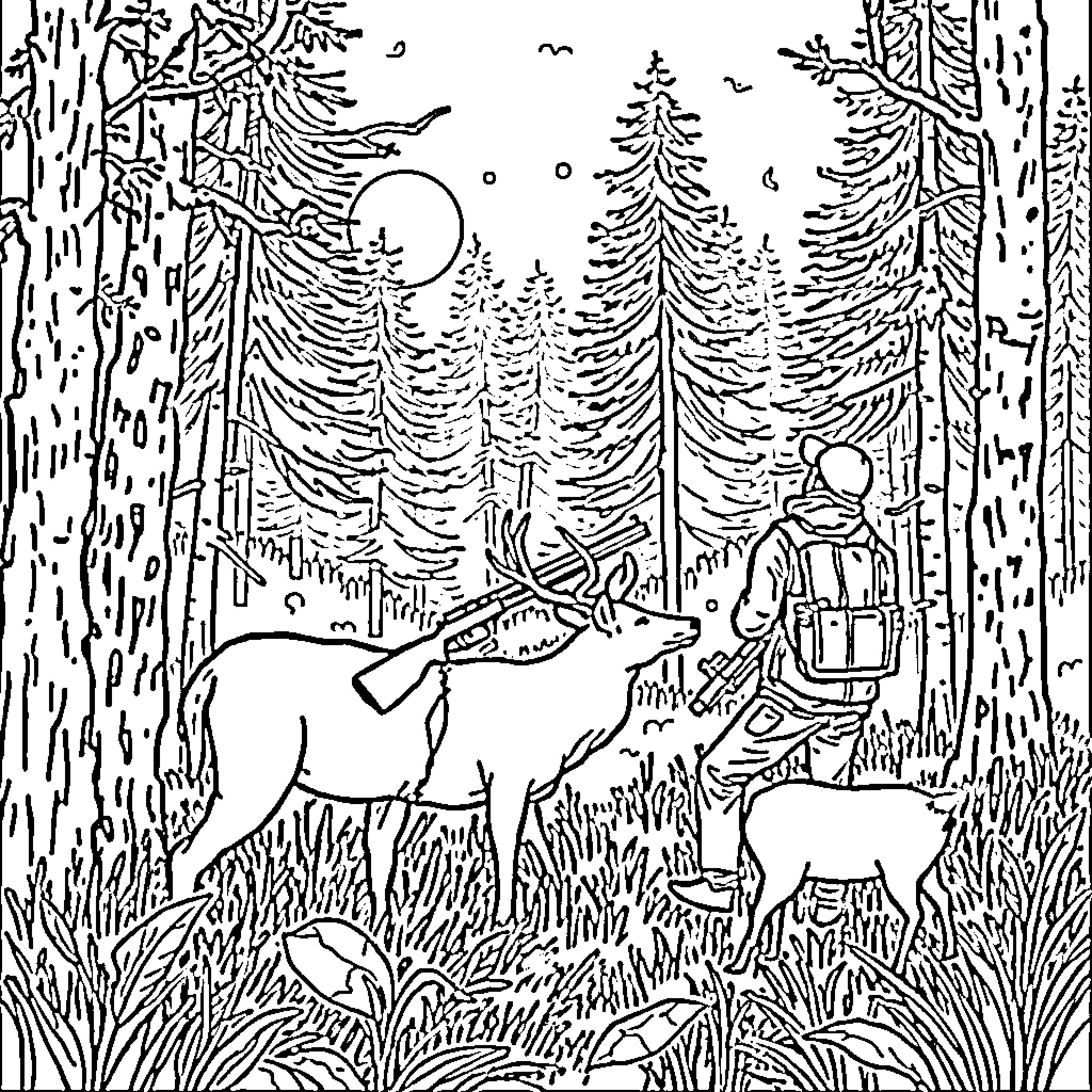 Hunting in the Enchanted Forest Coloring Page (free black-and-white line drawing printable PDF for all, from beginners to advanced learners, including children, teens, adults, and seniors)