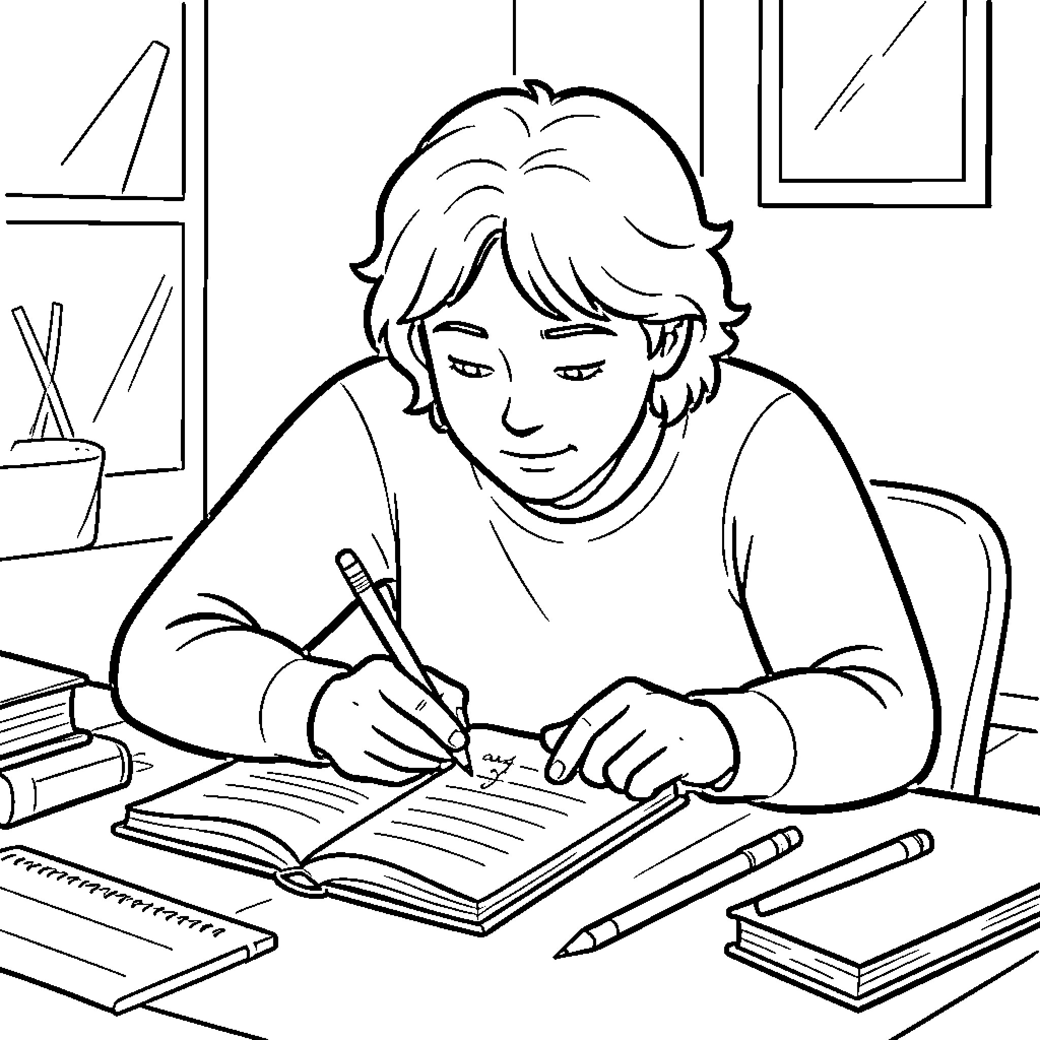 Illit student focused on writing in a notebook Coloring Page (free black-and-white line drawing printable PDF for all, from beginners to advanced learners, including children, teens, adults, and seniors)