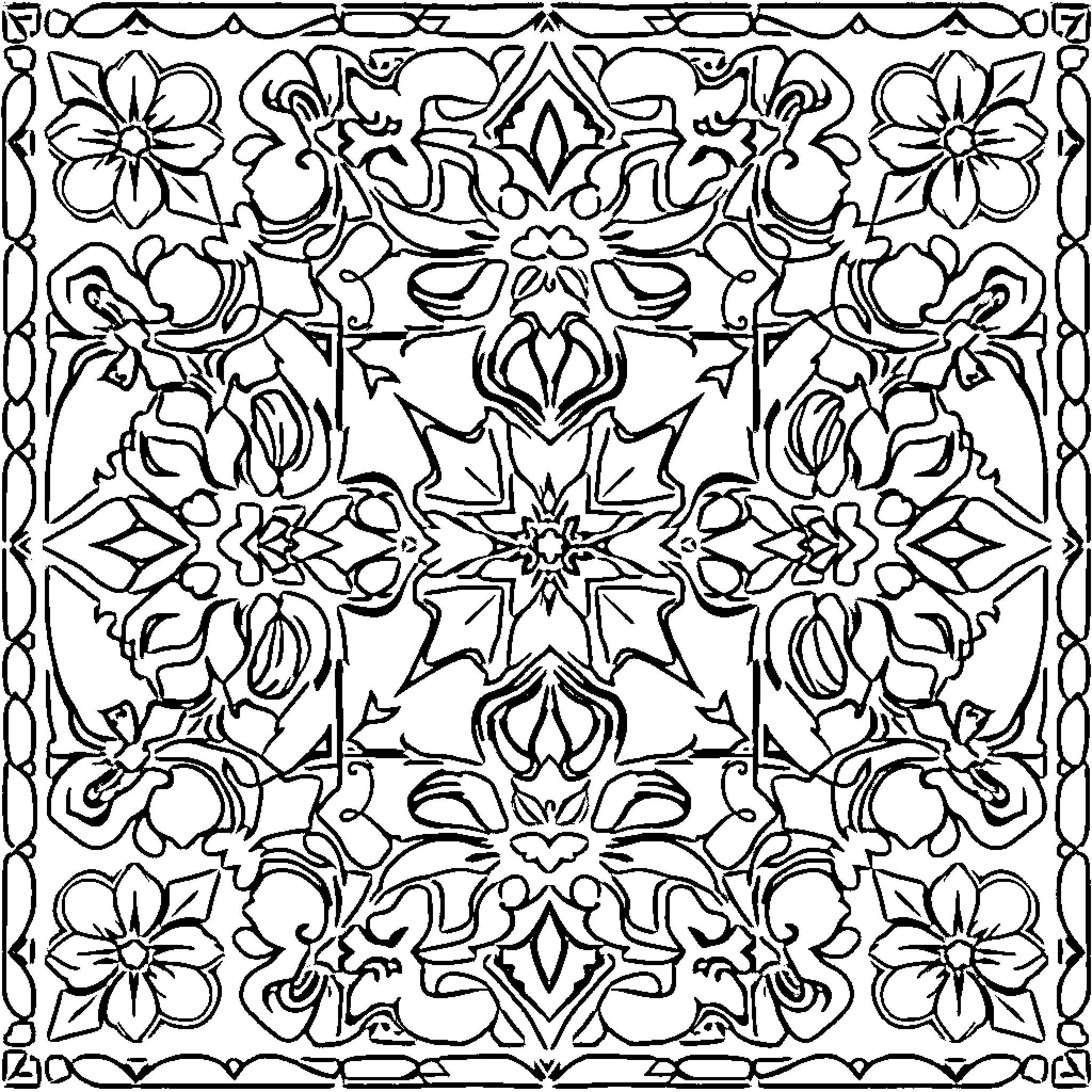 Moroccan Tile Floral Patterns and Intricate Designs Coloring Page (free black-and-white line drawing printable PDF for all, from beginners to advanced learners, including children, teens, adults, and seniors)