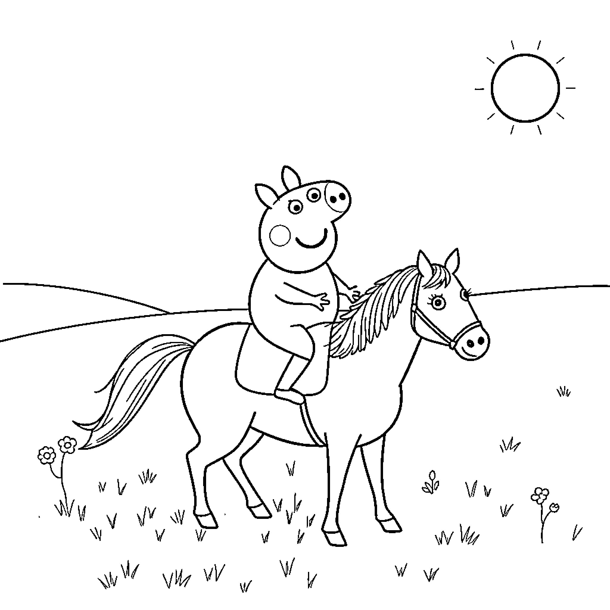 Peppa Pig riding a horse in the countryside Coloring Page (free black-and-white line drawing printable PDF for all, from beginners to advanced learners, including children, teens, adults, and seniors)