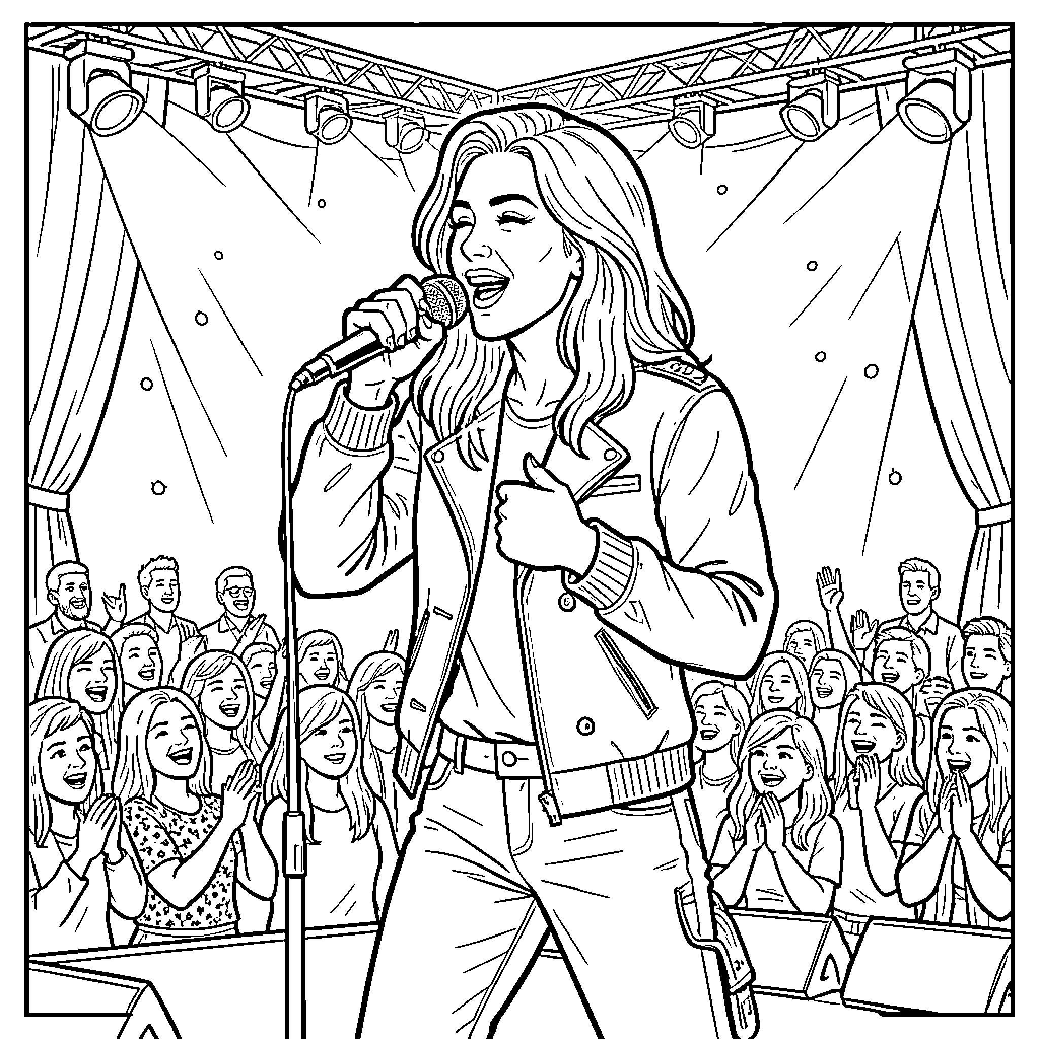 Gazan singer performing joyfully on a concert stage Coloring Page (free black-and-white line drawing printable PDF for all, from beginners to advanced learners, including children, teens, adults, and seniors)