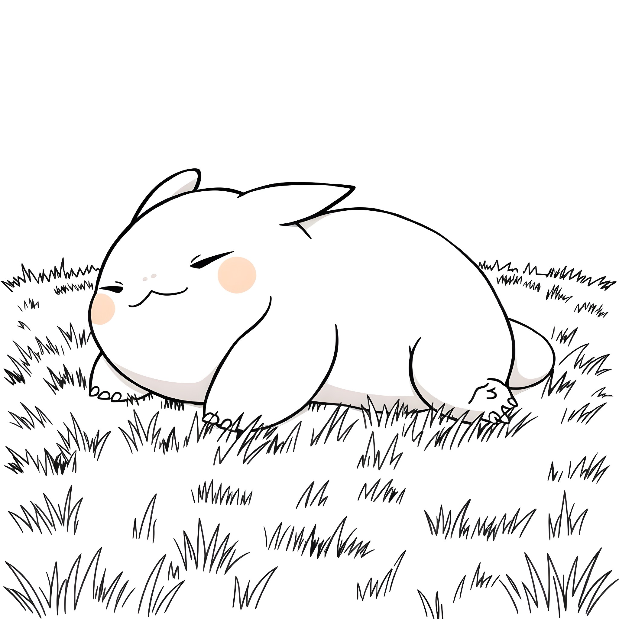 Snorlax snoozing peacefully in the meadow Coloring Page (free black-and-white line drawing printable PDF for all, from beginners to advanced learners, including children, teens, adults, and seniors)