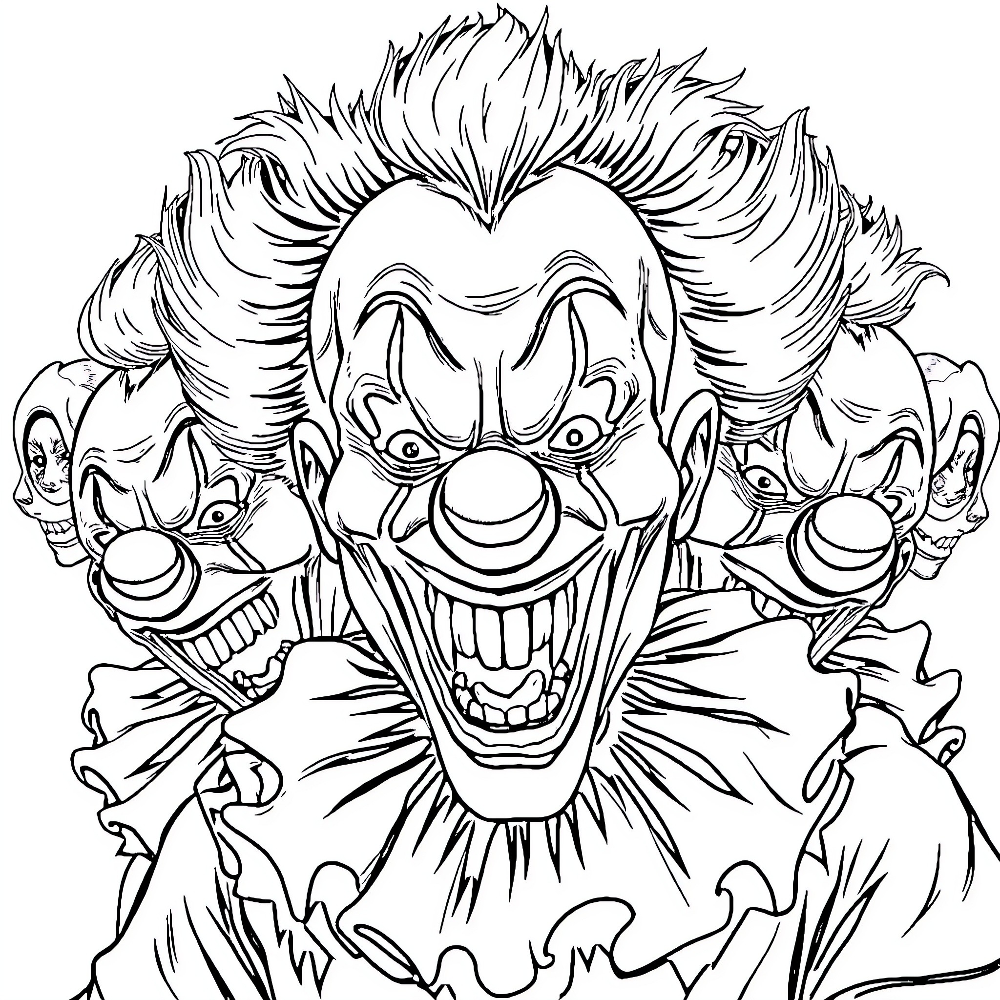 Clown with Mischievous Expression and Theatrical Makeup Coloring Page (free black-and-white line drawing printable PDF for all, from beginners to advanced learners, including children, teens, adults, and seniors)