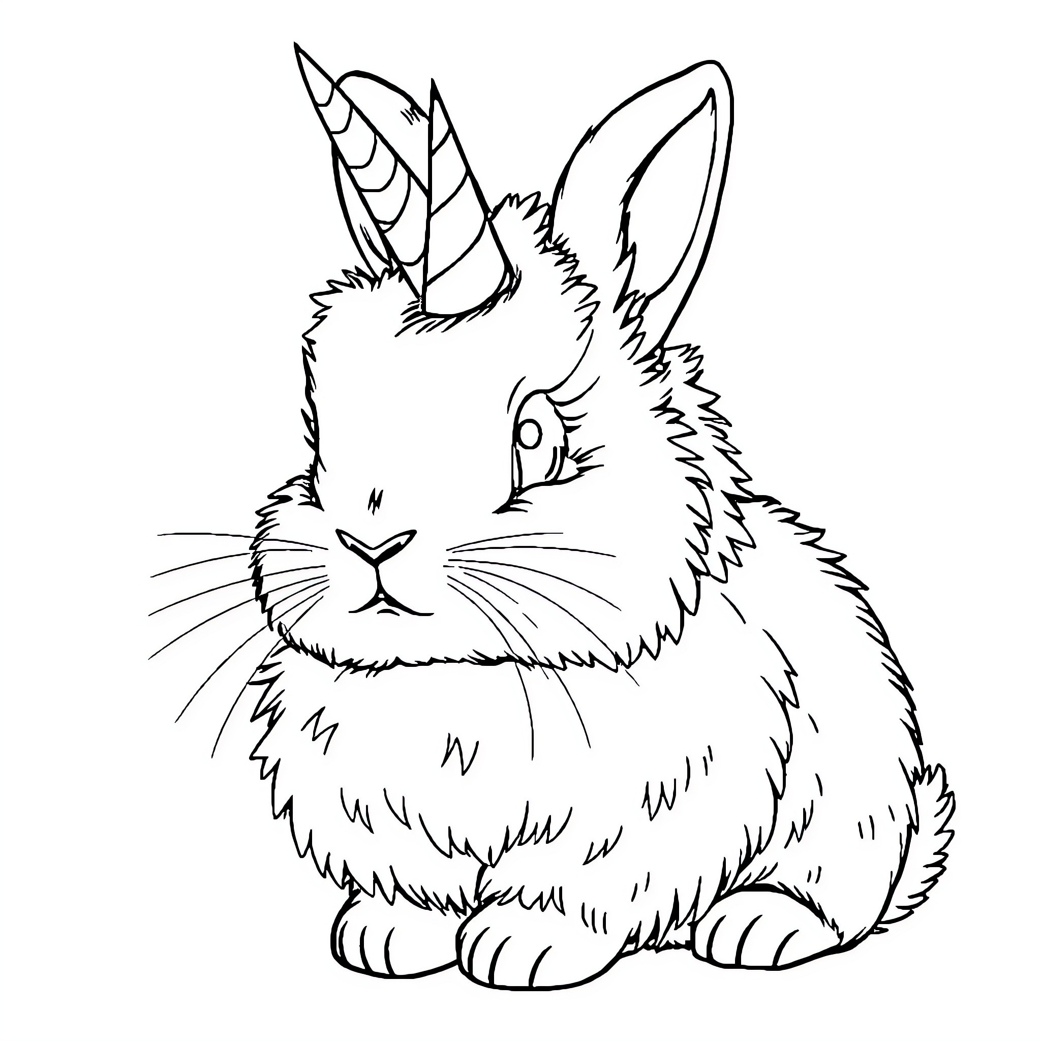 Unicorn Rabbit with Whimsical Appearance Coloring Page (free black-and-white line drawing printable PDF for all, from beginners to advanced learners, including children, teens, adults, and seniors)