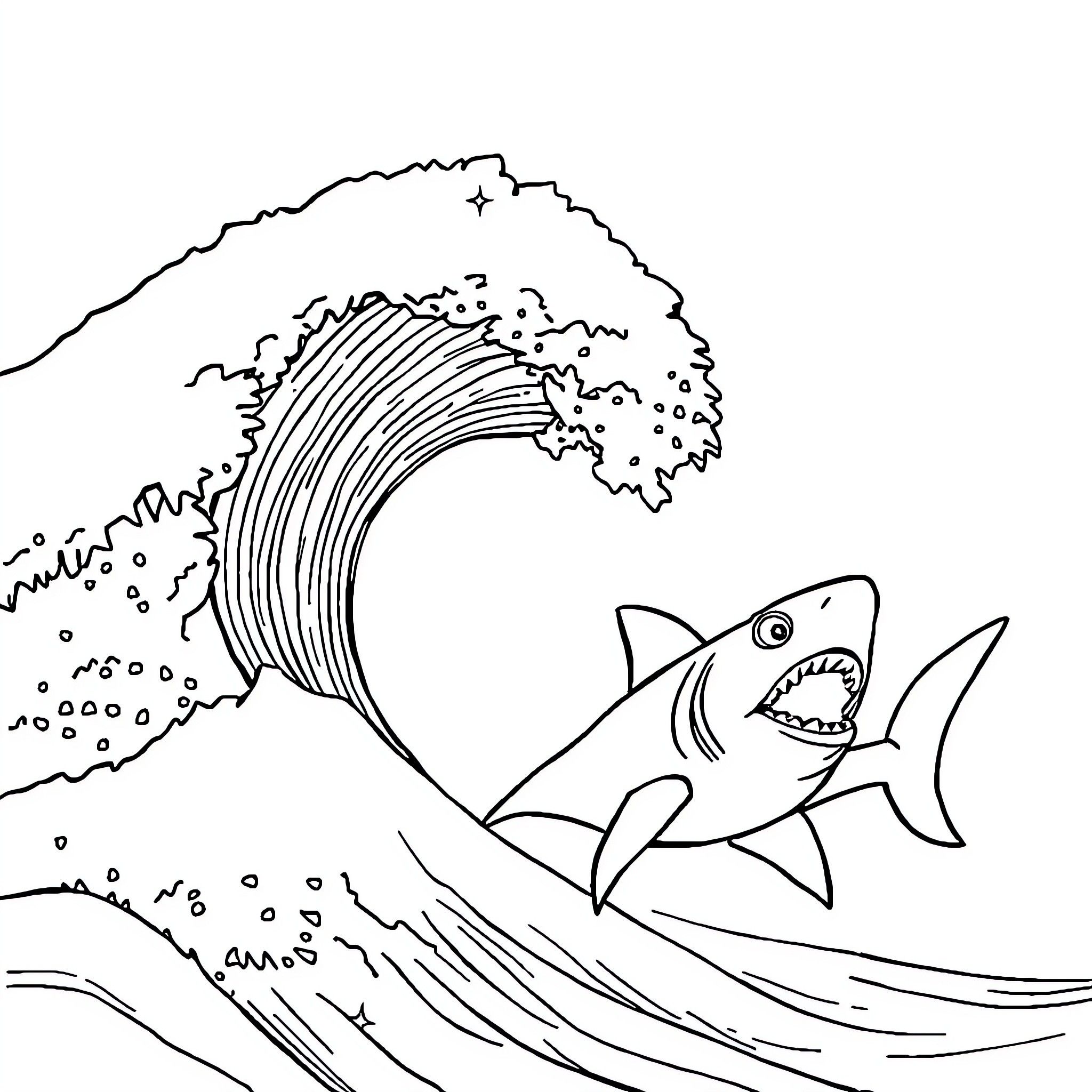 Turtle Riding Powerful Wave with Shark Coloring Page (free black-and-white line drawing printable PDF for all, from beginners to advanced learners, including children, teens, adults, and seniors)
