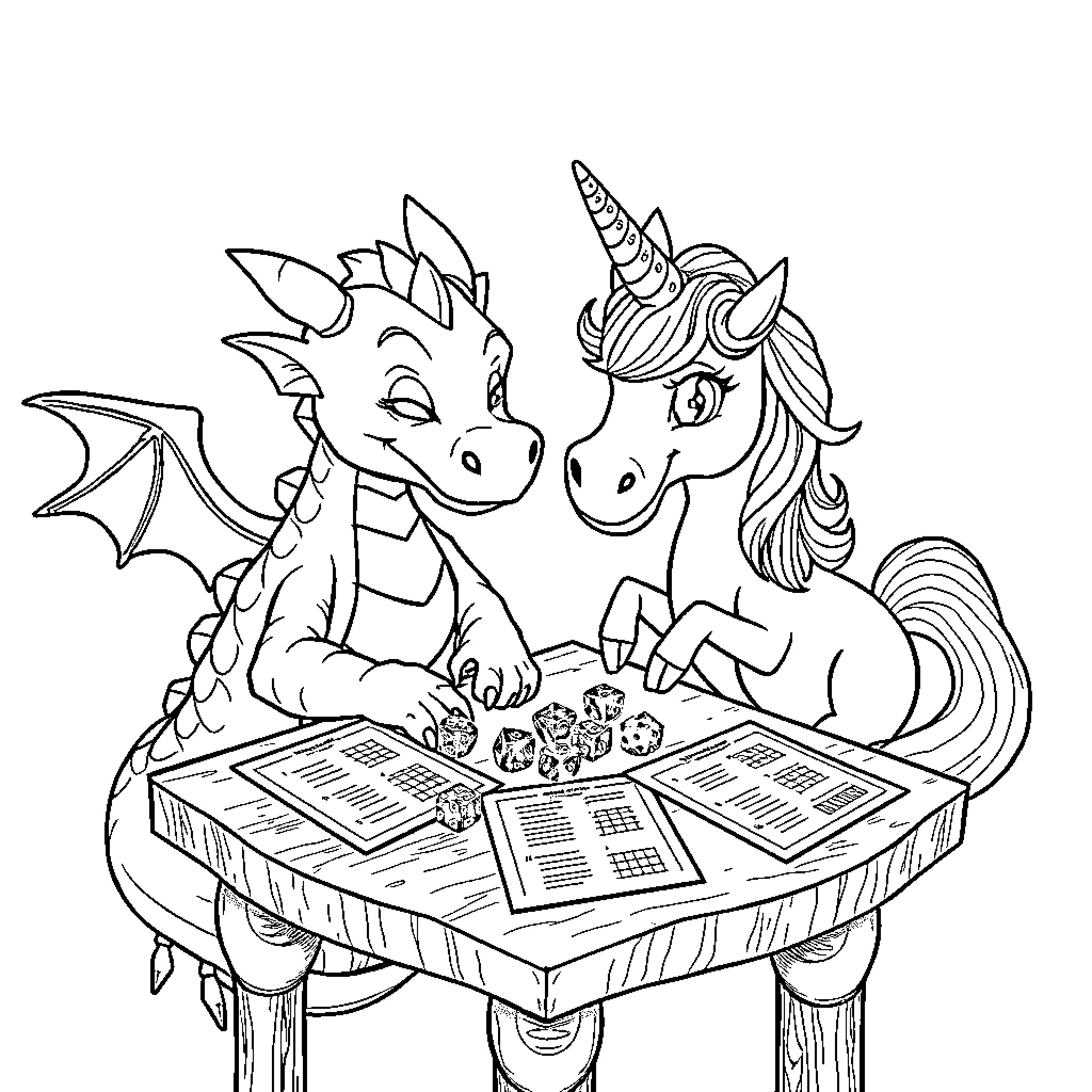 Dragon and unicorn playing a board game together Coloring Page (free black-and-white line drawing printable PDF for all, from beginners to advanced learners, including children, teens, adults, and seniors)