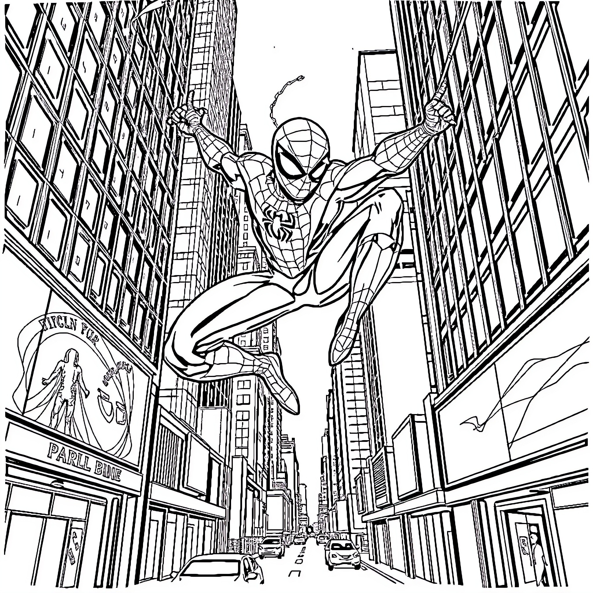 Spiderman swinging through the city streets Coloring Page (free black-and-white line drawing printable PDF for all, from beginners to advanced learners, including children, teens, adults, and seniors)
