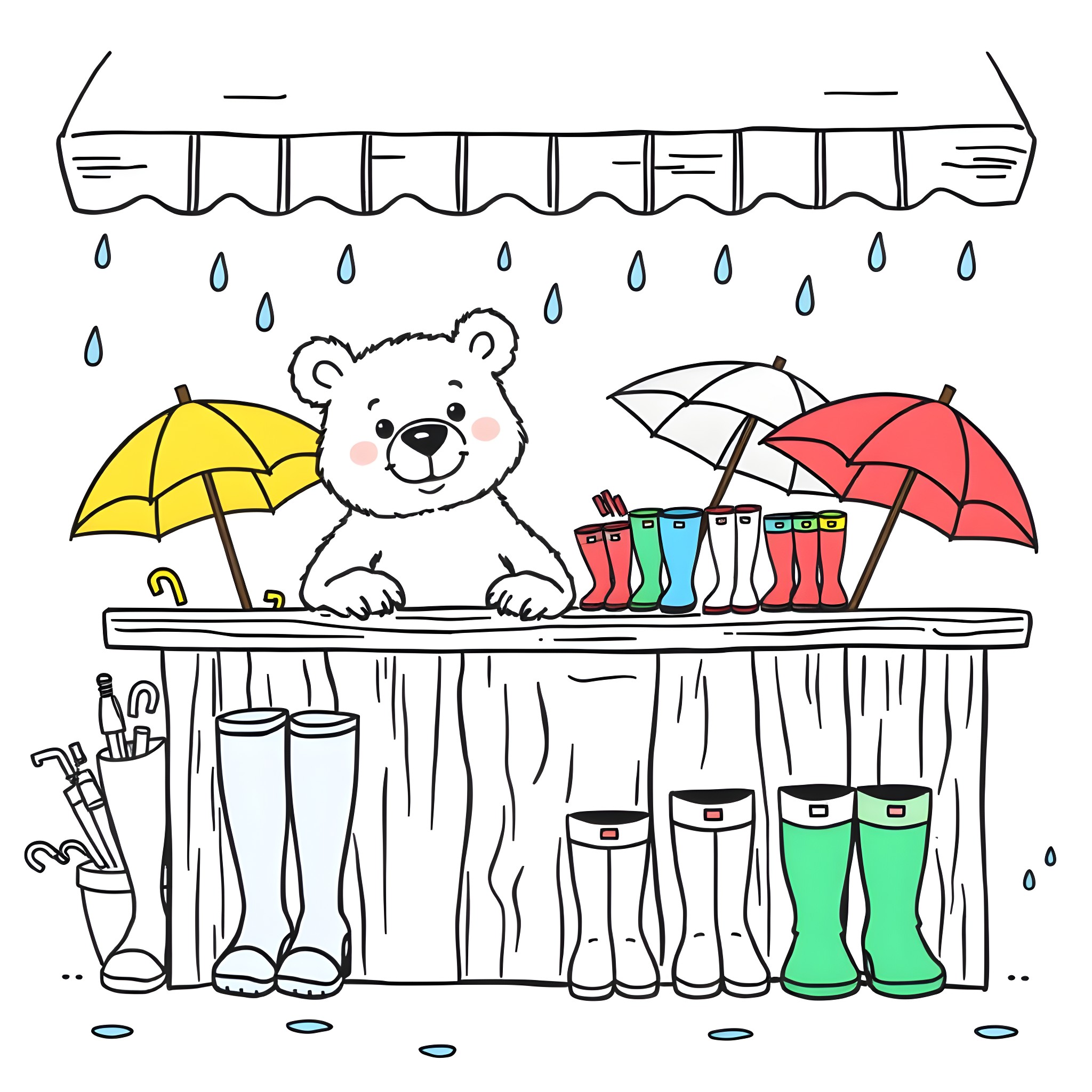 Bear enjoying rainy day with umbrellas and rain gear Coloring Page (free black-and-white line drawing printable PDF for all, from beginners to advanced learners, including children, teens, adults, and seniors)