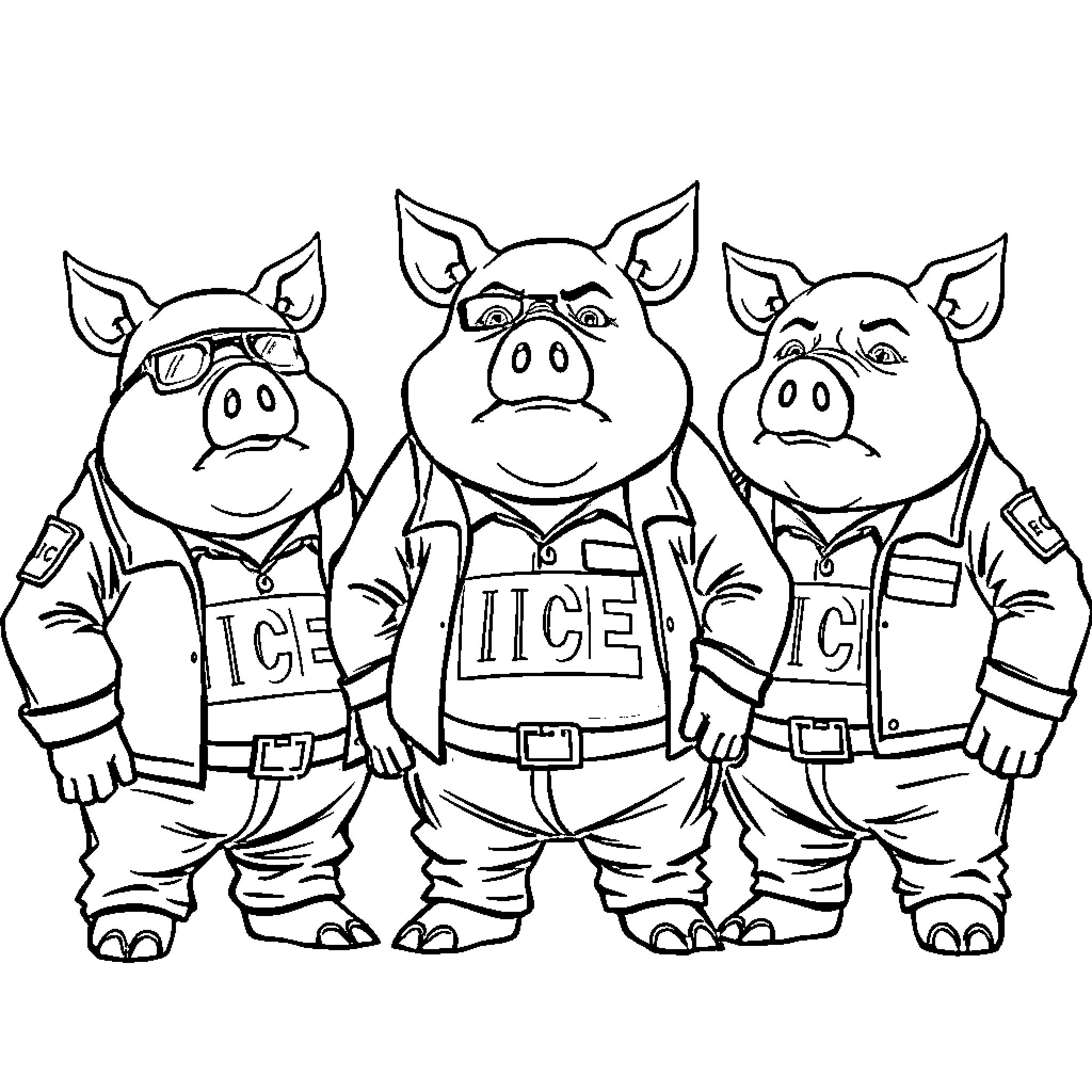 Pig ICE officers in uniform Coloring Page (free black-and-white line drawing printable PDF for all, from beginners to advanced learners, including children, teens, adults, and seniors)