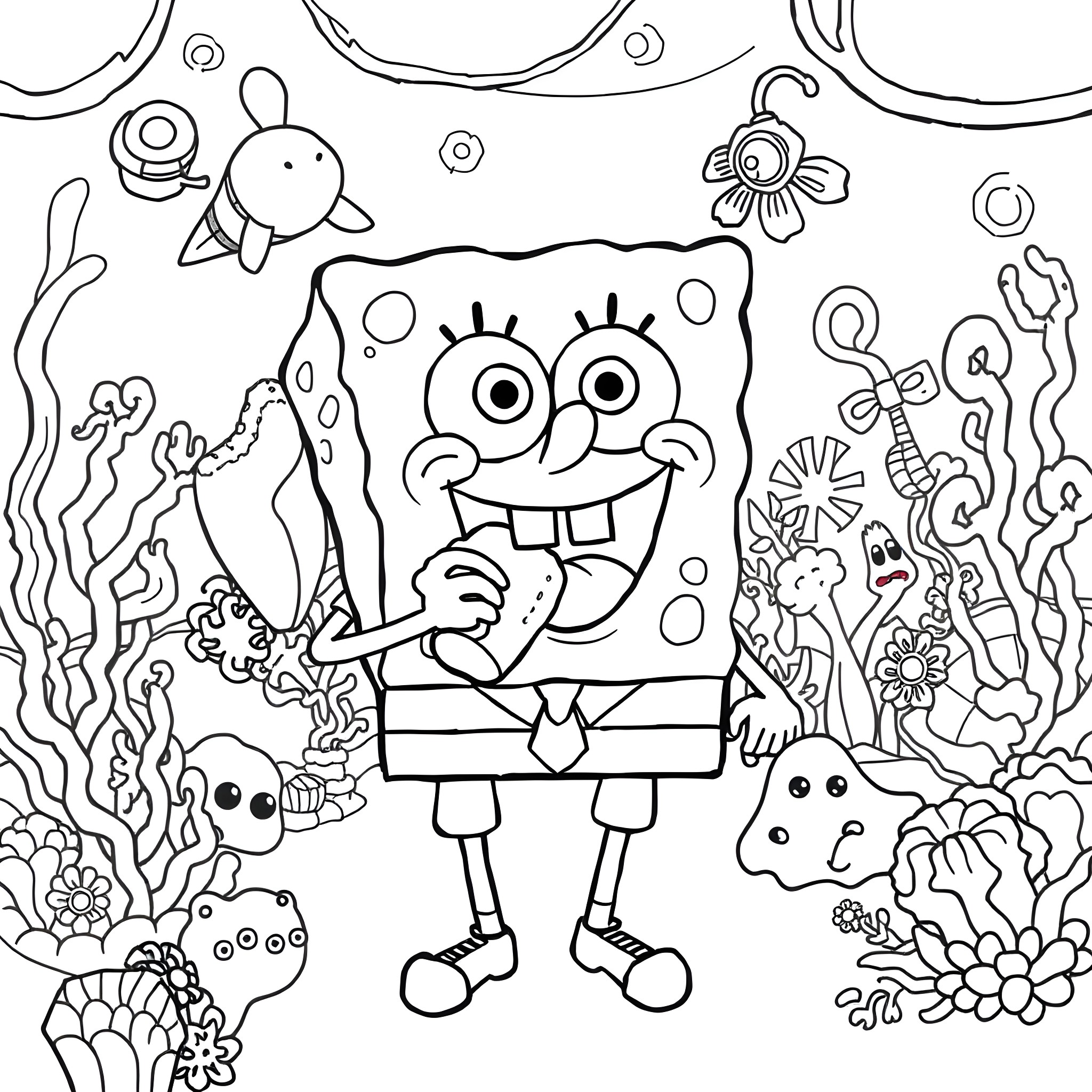 Spongebob playing in the underwater ocean scene Coloring Page (free black-and-white line drawing printable PDF for all, from beginners to advanced learners, including children, teens, adults, and seniors)
