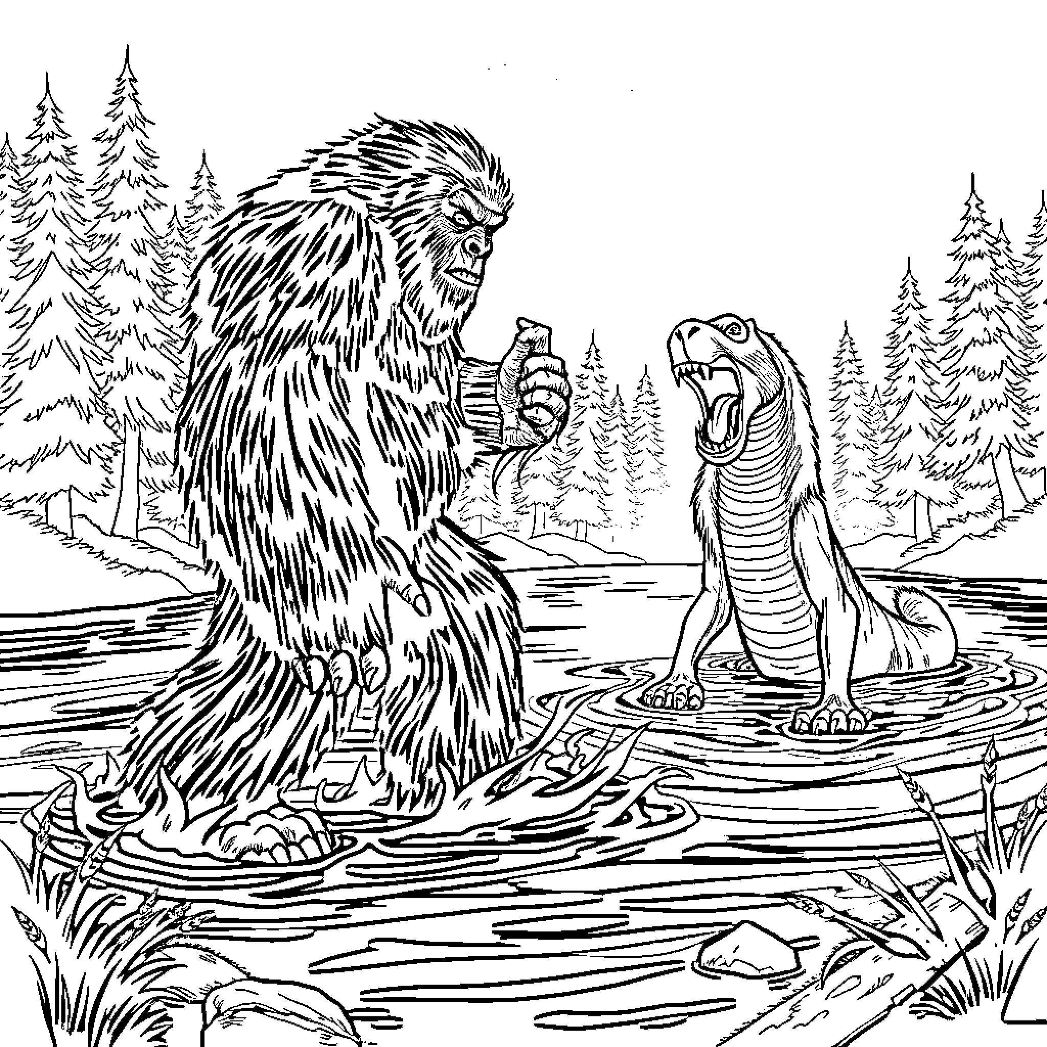 Bigfoot and Loch Ness Monster in Confrontation Coloring Page (free black-and-white line drawing printable PDF for all, from beginners to advanced learners, including children, teens, adults, and seniors)
