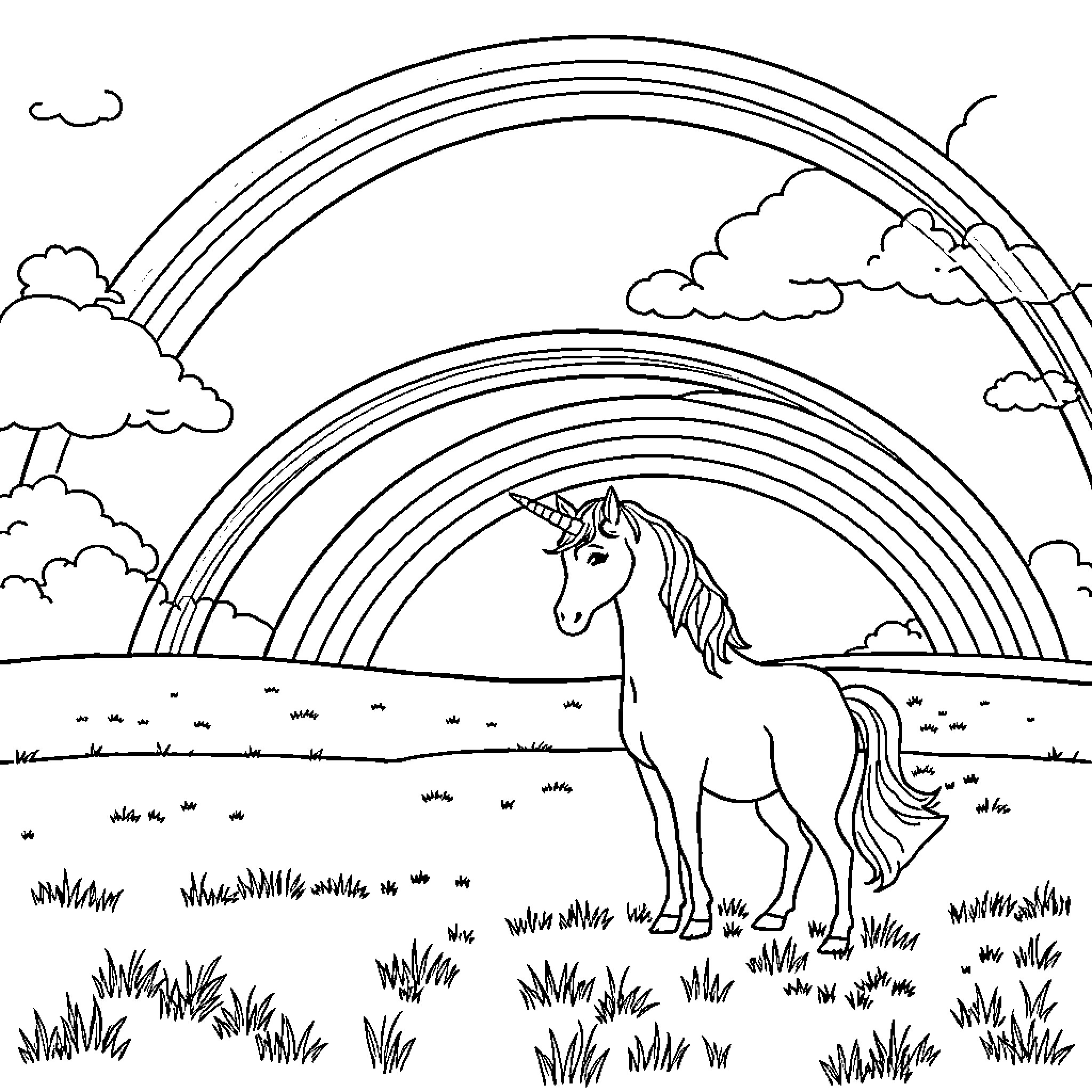 Unicorn standing in a field under rainbows Coloring Page (free black-and-white line drawing printable PDF for all, from beginners to advanced learners, including children, teens, adults, and seniors)