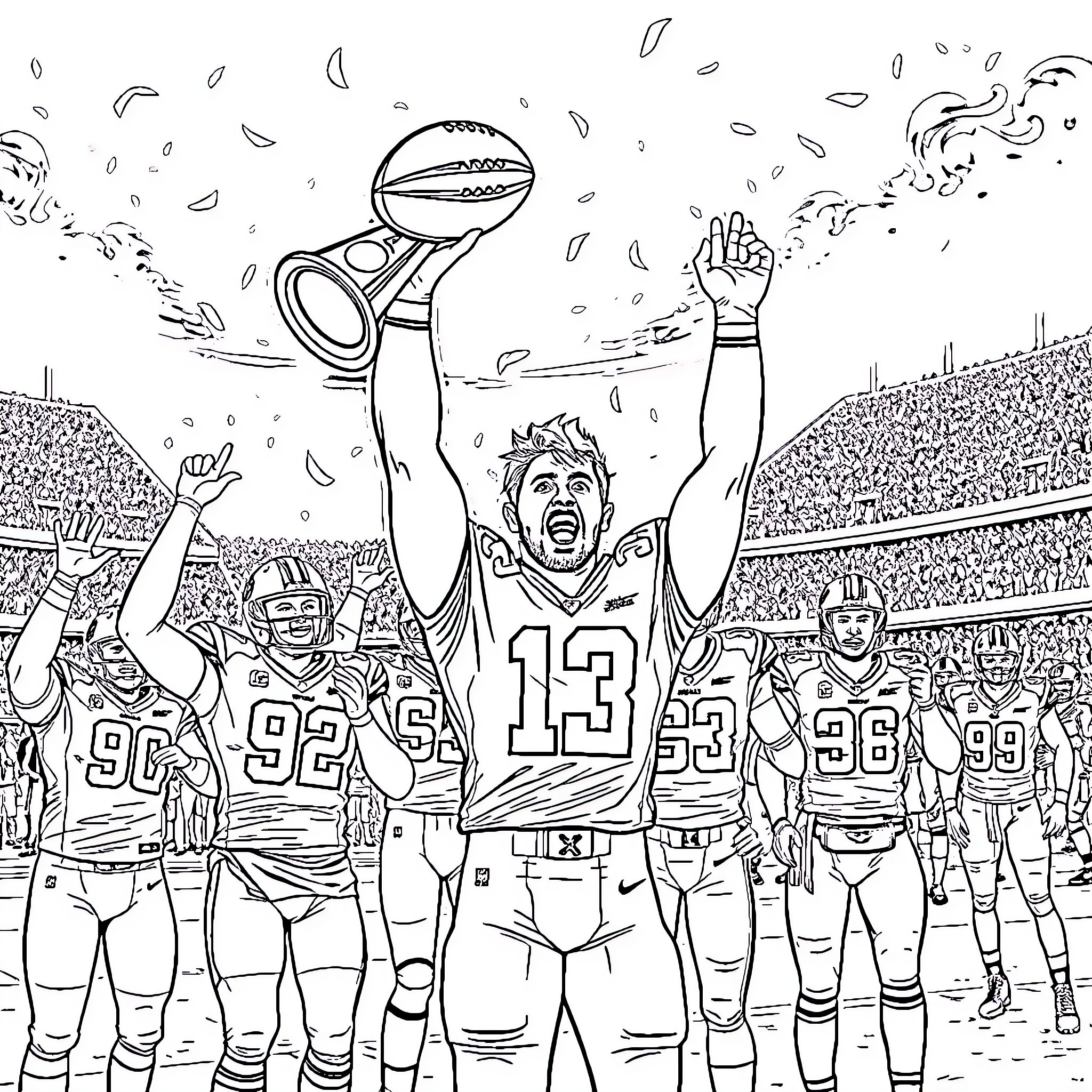 Josh Allen celebrates touchdown victory with teammates on the field Coloring Page (free black-and-white line drawing printable PDF for all, from beginners to advanced learners, including children, teens, adults, and seniors)