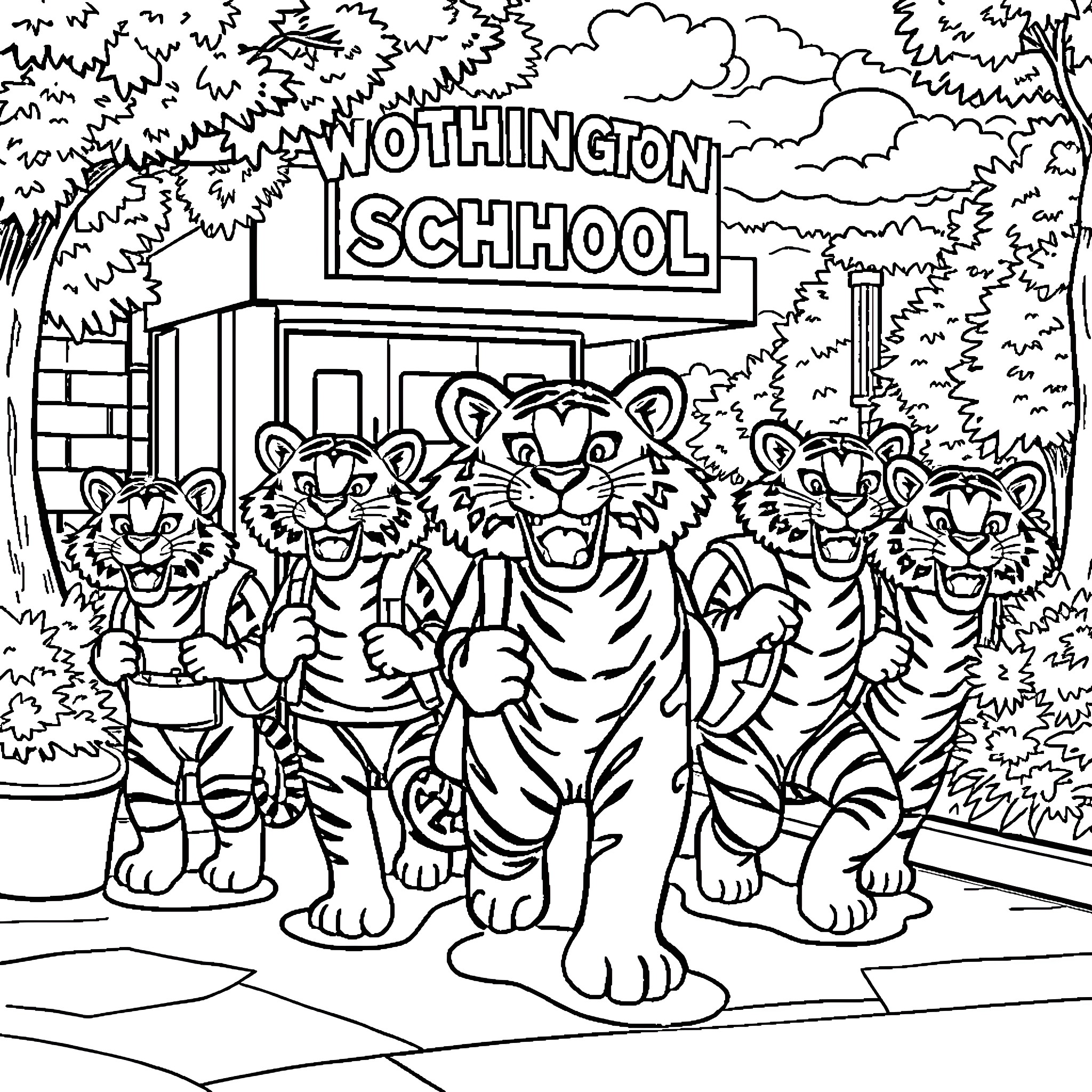 Tiger students outside the Nothington School Coloring Page (free black-and-white line drawing printable PDF for all, from beginners to advanced learners, including children, teens, adults, and seniors)