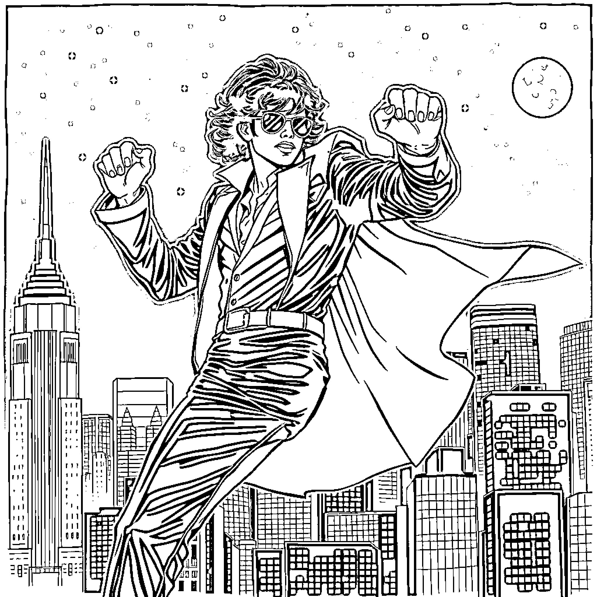 Michael Jackson performing on stage over city skyline Coloring Page (free black-and-white line drawing printable PDF for all, from beginners to advanced learners, including children, teens, adults, and seniors)
