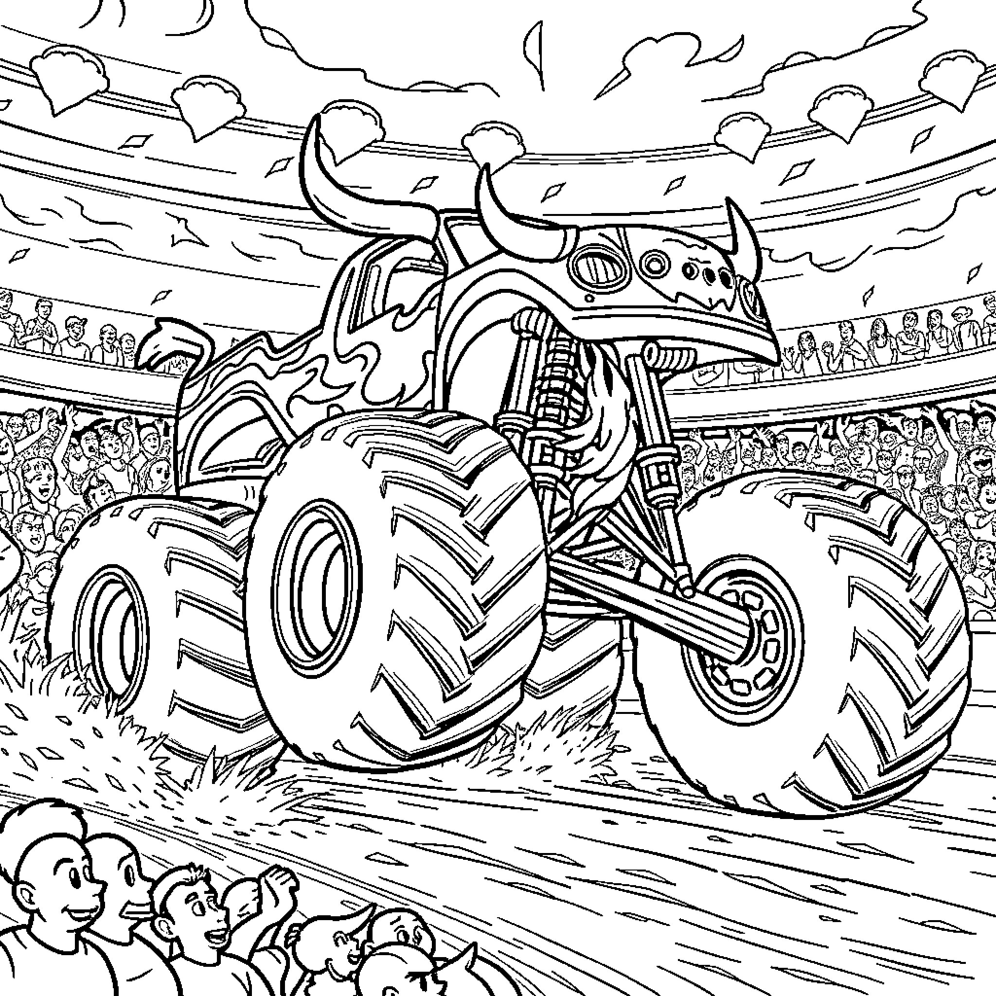 Monster Truck Crushing Obstacles in an Exciting Arena Coloring Page (free black-and-white line drawing printable PDF for all, from beginners to advanced learners, including children, teens, adults, and seniors)