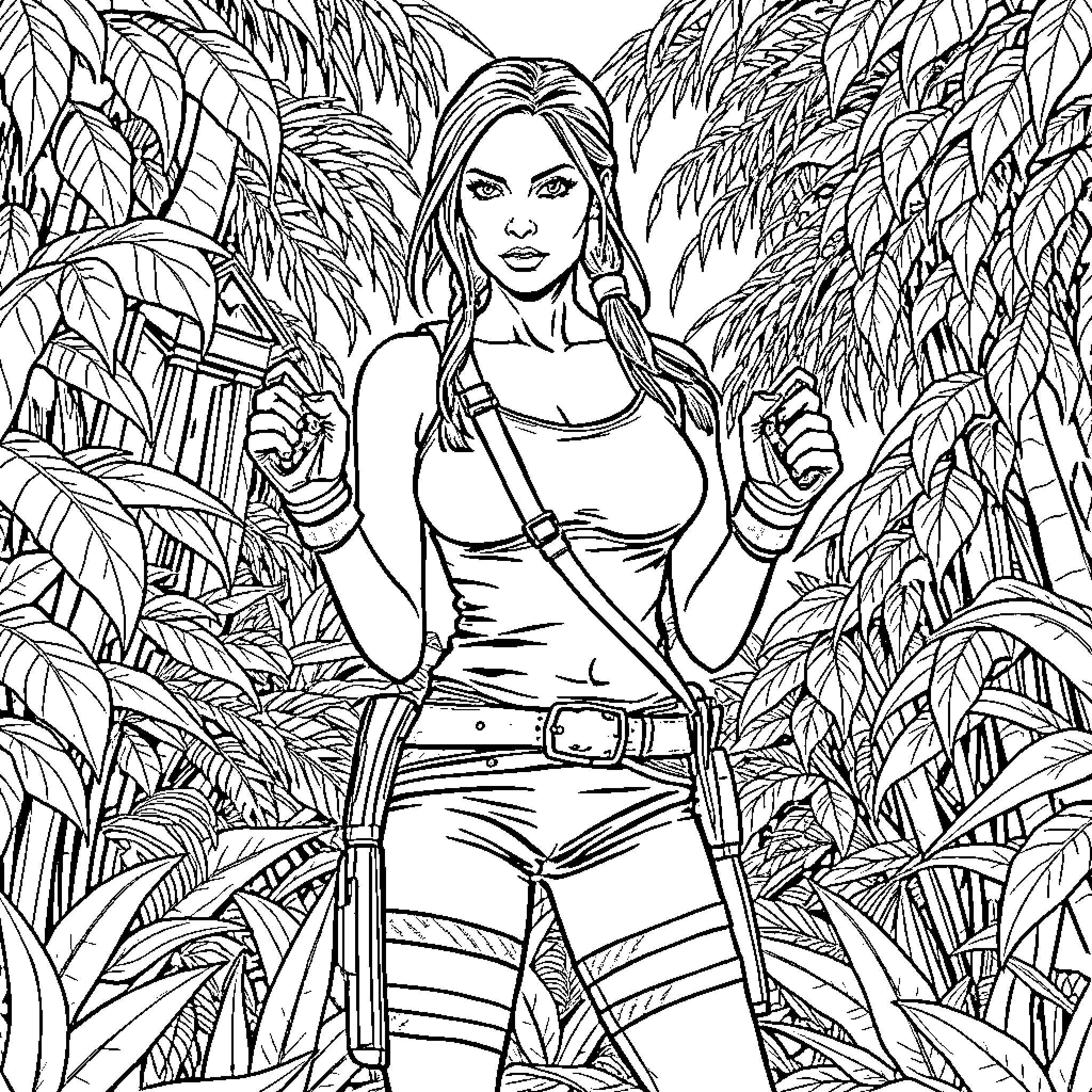 Angelina Jolie in Adventure Pose Amid Lush Vegetation Coloring Page (free black-and-white line drawing printable PDF for all, from beginners to advanced learners, including children, teens, adults, and seniors)