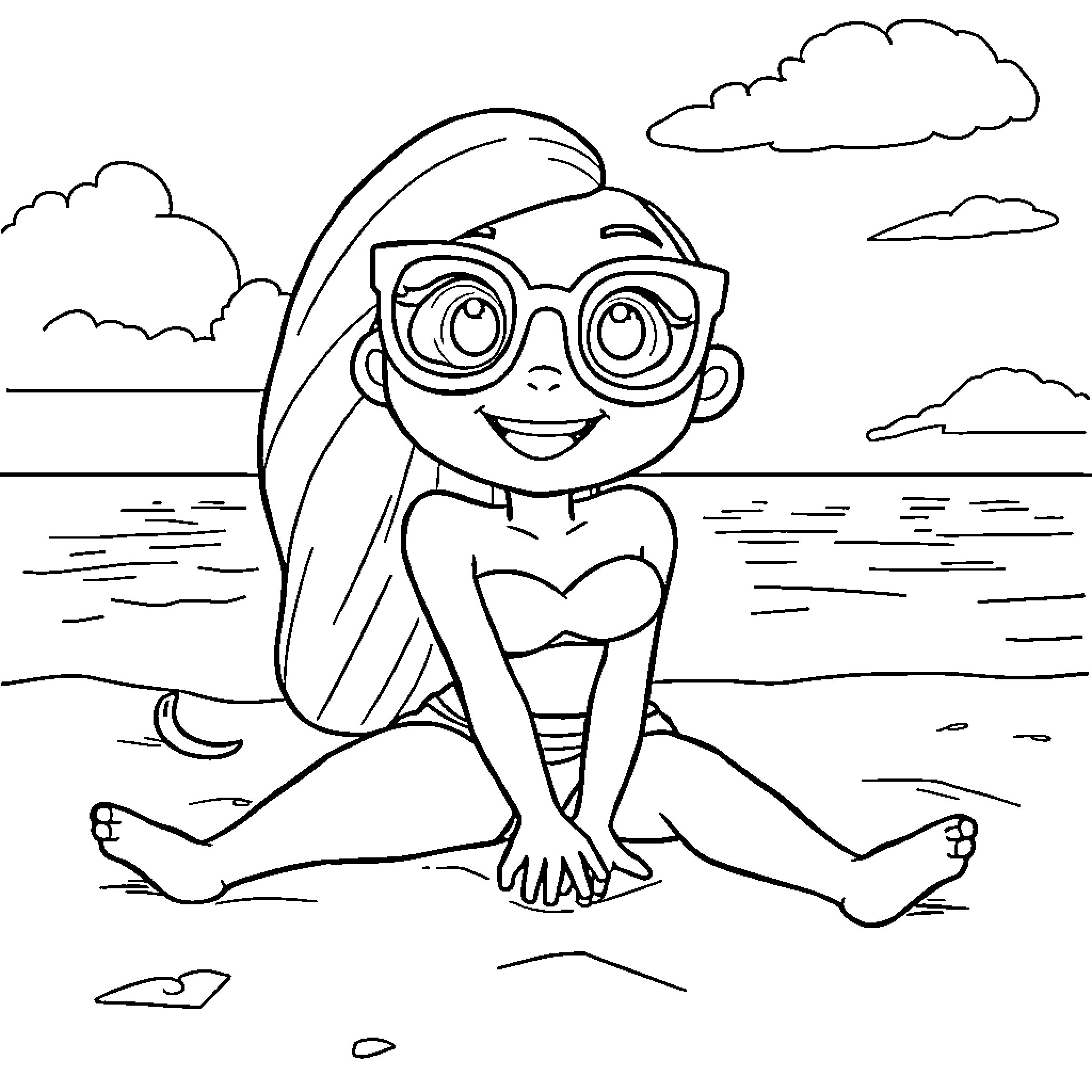 Kim Possible enjoying a day at the beach Coloring Page (free black-and-white line drawing printable PDF for all, from beginners to advanced learners, including children, teens, adults, and seniors)