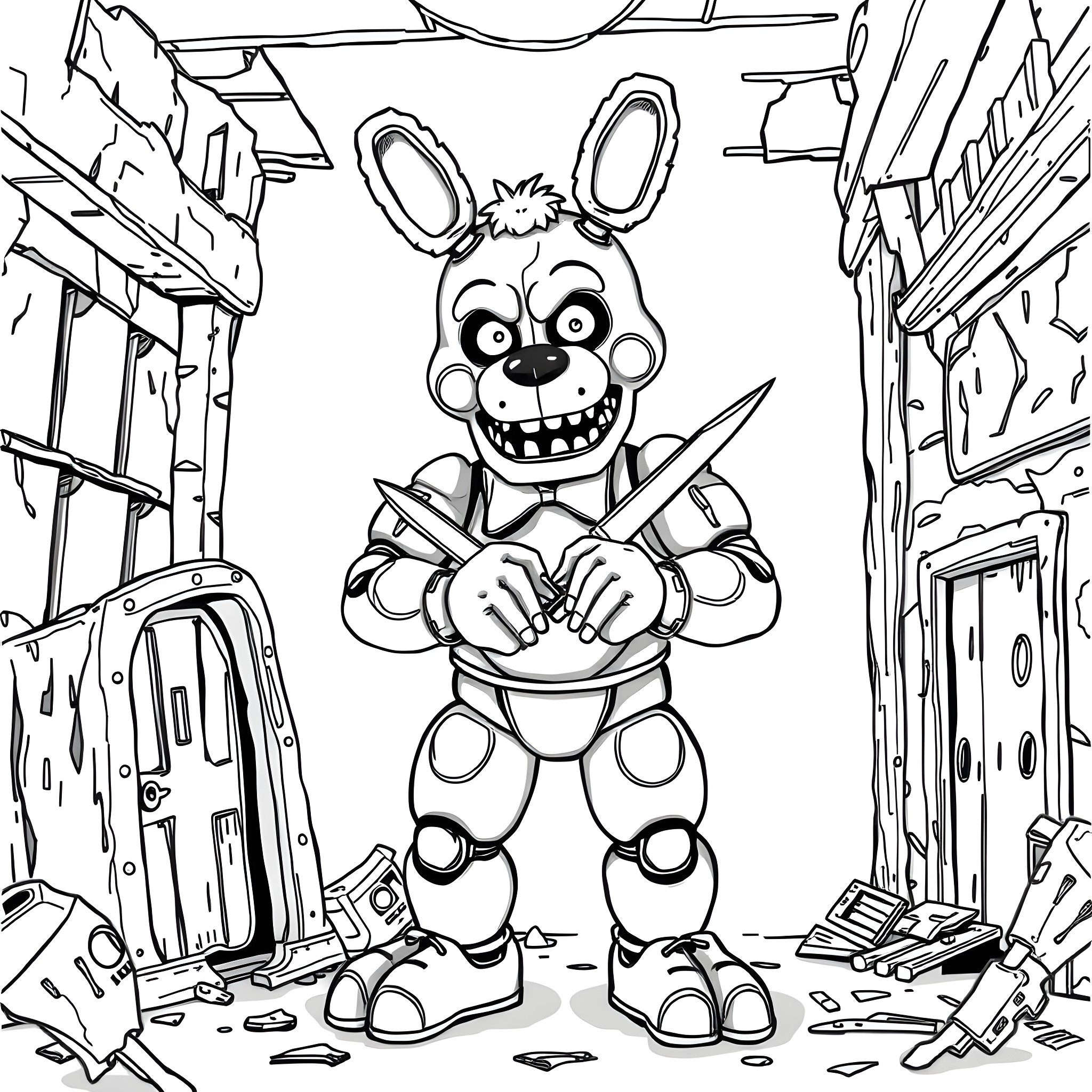 Springtrap in a Dilapidated Environment Coloring Page (free black-and-white line drawing printable PDF for all, from beginners to advanced learners, including children, teens, adults, and seniors)