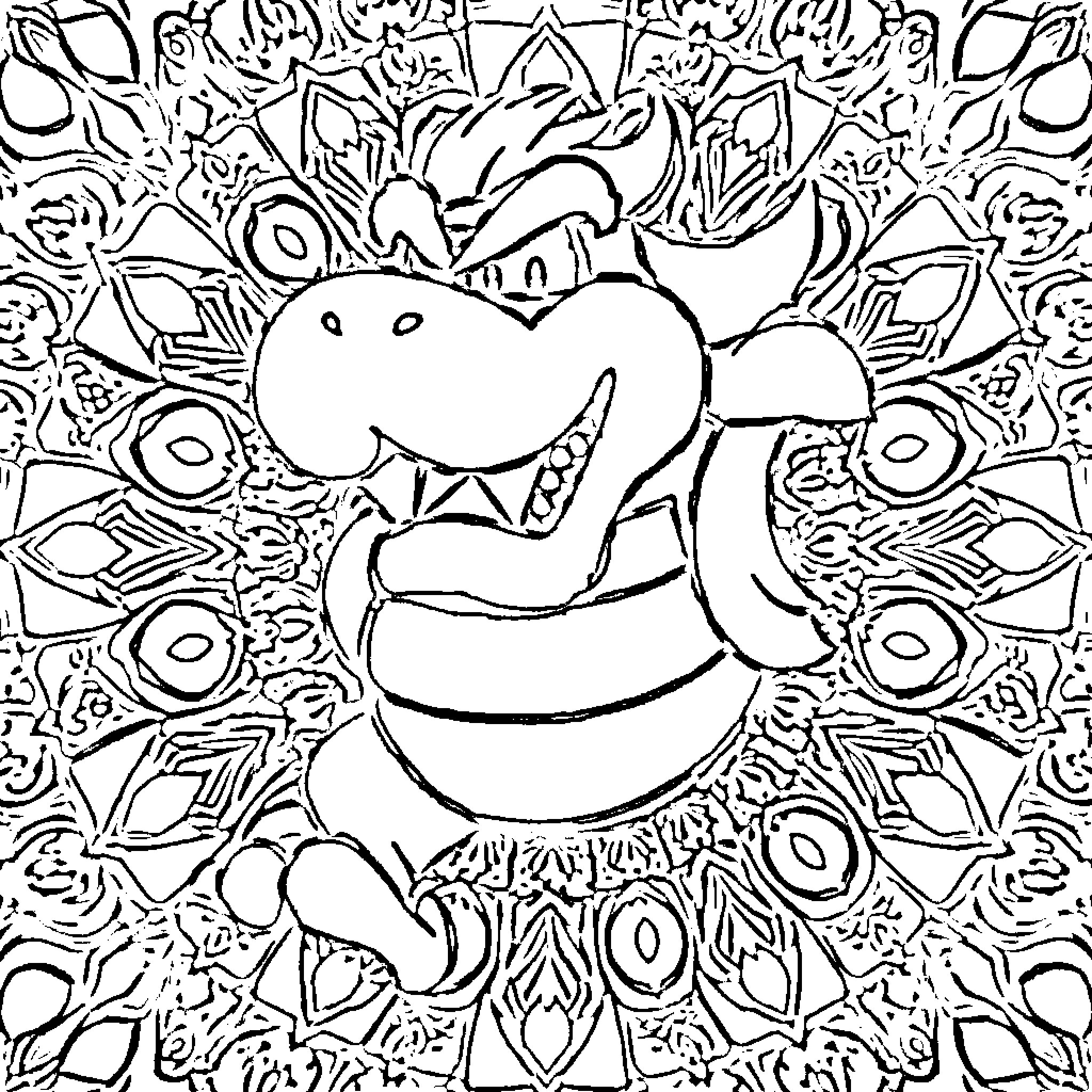 Bowser in a whimsical pattern Coloring Page (free black-and-white line drawing printable PDF for all, from beginners to advanced learners, including children, teens, adults, and seniors)