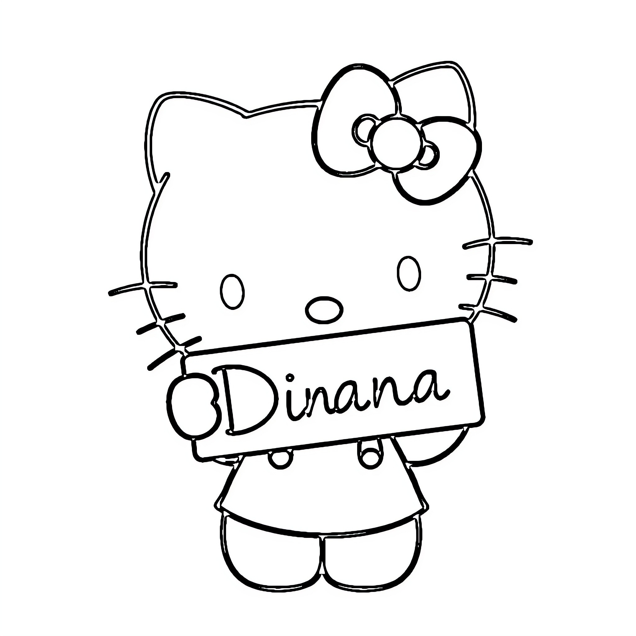 Hello Kitty with Dinana text Coloring Page (free black-and-white line drawing printable PDF for all, from beginners to advanced learners, including children, teens, adults, and seniors)