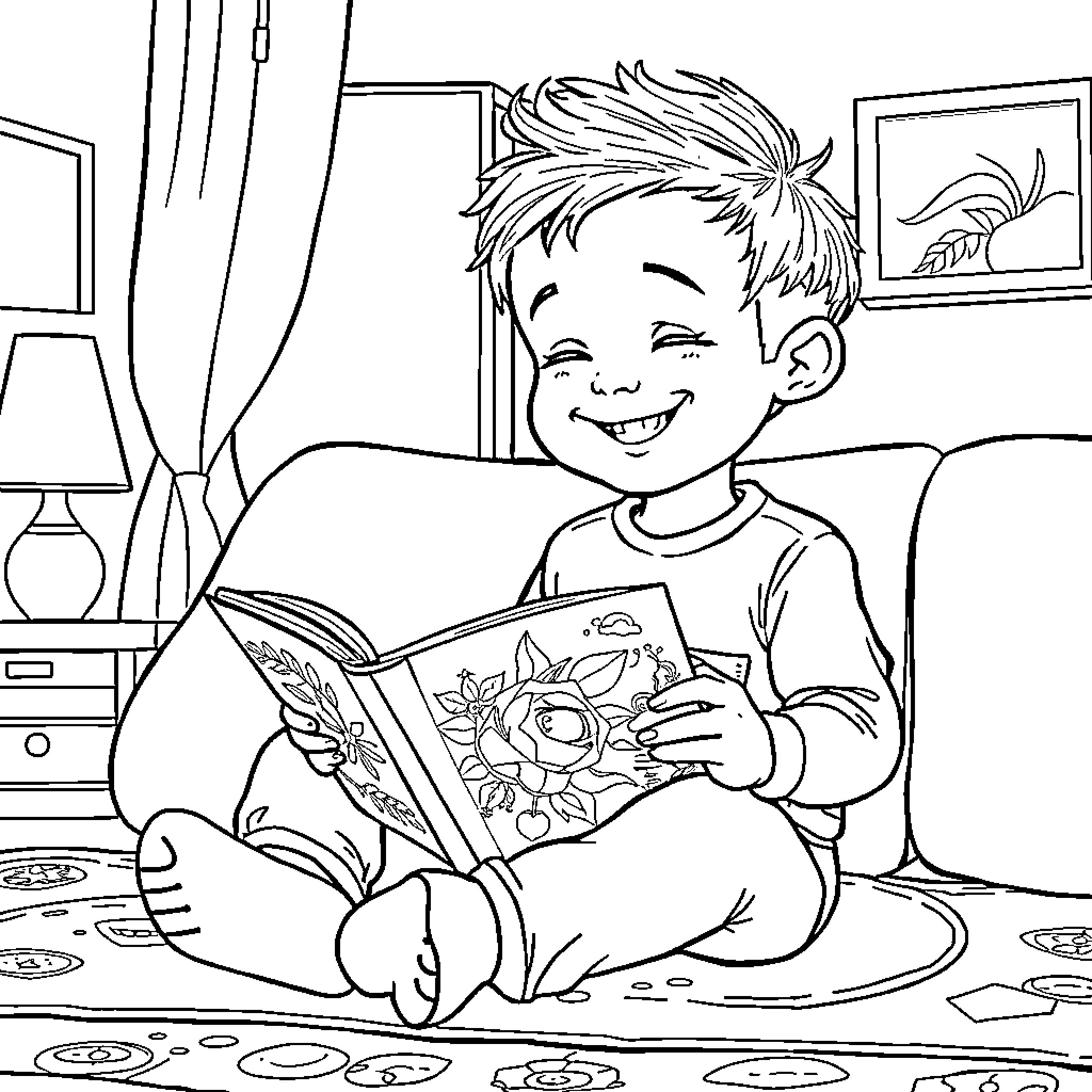 Bambino Enjoying a Coloring Book Coloring Page (free black-and-white line drawing printable PDF for all, from beginners to advanced learners, including children, teens, adults, and seniors)