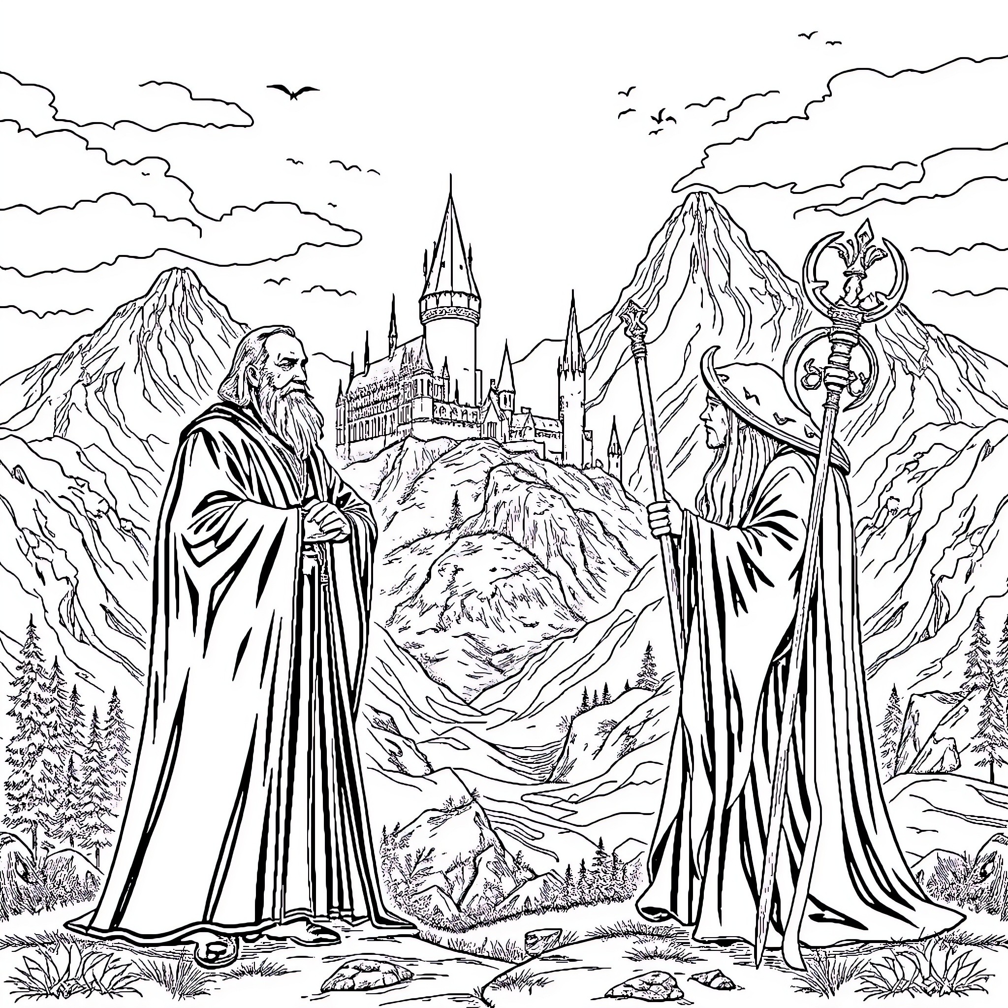 Dumbledore and Wizard Figures in Fantastical Landscape Coloring Page (free black-and-white line drawing printable PDF for all, from beginners to advanced learners, including children, teens, adults, and seniors)