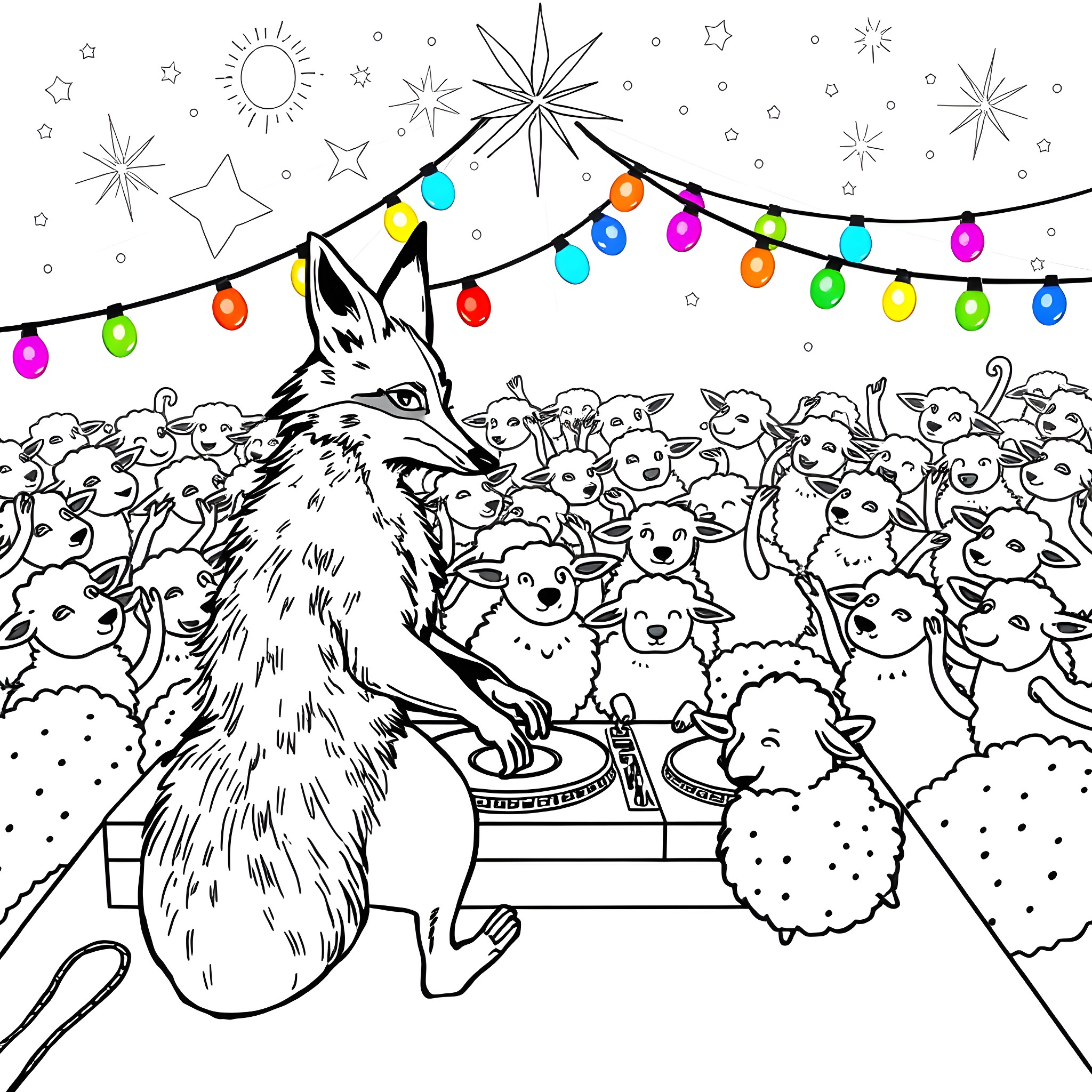 Fox observing a crowd of fluffy creatures under festive lights Coloring Page (free black-and-white line drawing printable PDF for all, from beginners to advanced learners, including children, teens, adults, and seniors)