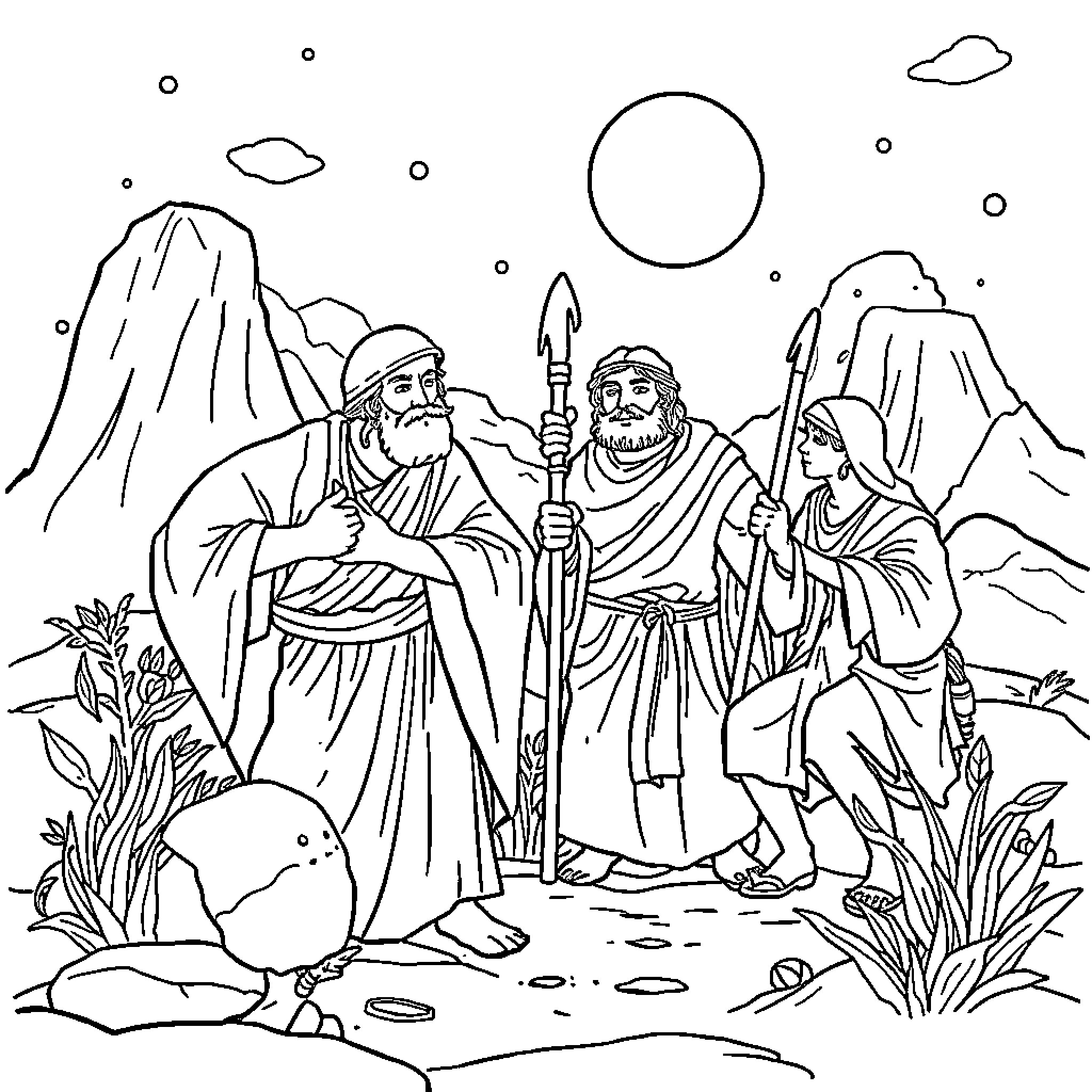 Hero Ancient Warriors in Mountain Landscape Coloring Page (free black-and-white line drawing printable PDF for all, from beginners to advanced learners, including children, teens, adults, and seniors)