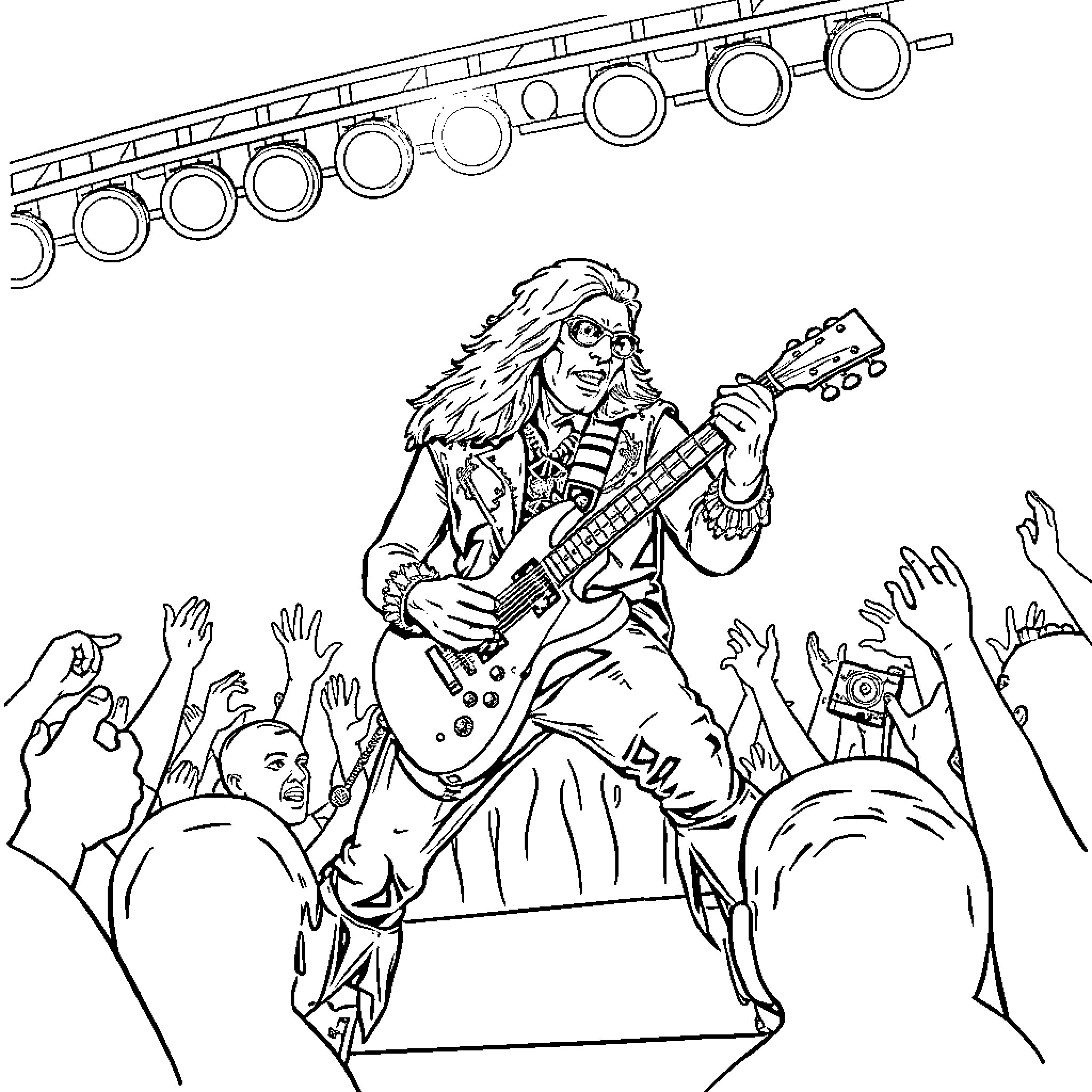 Ace Frehley performing energetically on stage Coloring Page (free black-and-white line drawing printable PDF for all, from beginners to advanced learners, including children, teens, adults, and seniors)