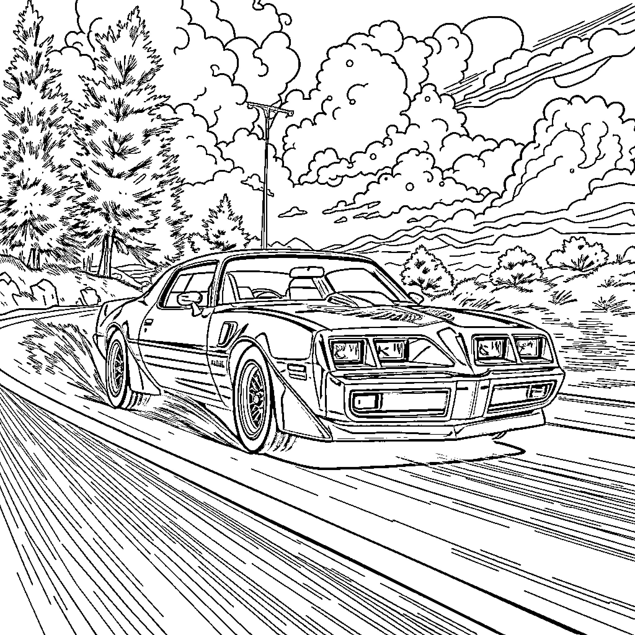 Transam speeding through scenic landscape Coloring Page (free black-and-white line drawing printable PDF for all, from beginners to advanced learners, including children, teens, adults, and seniors)