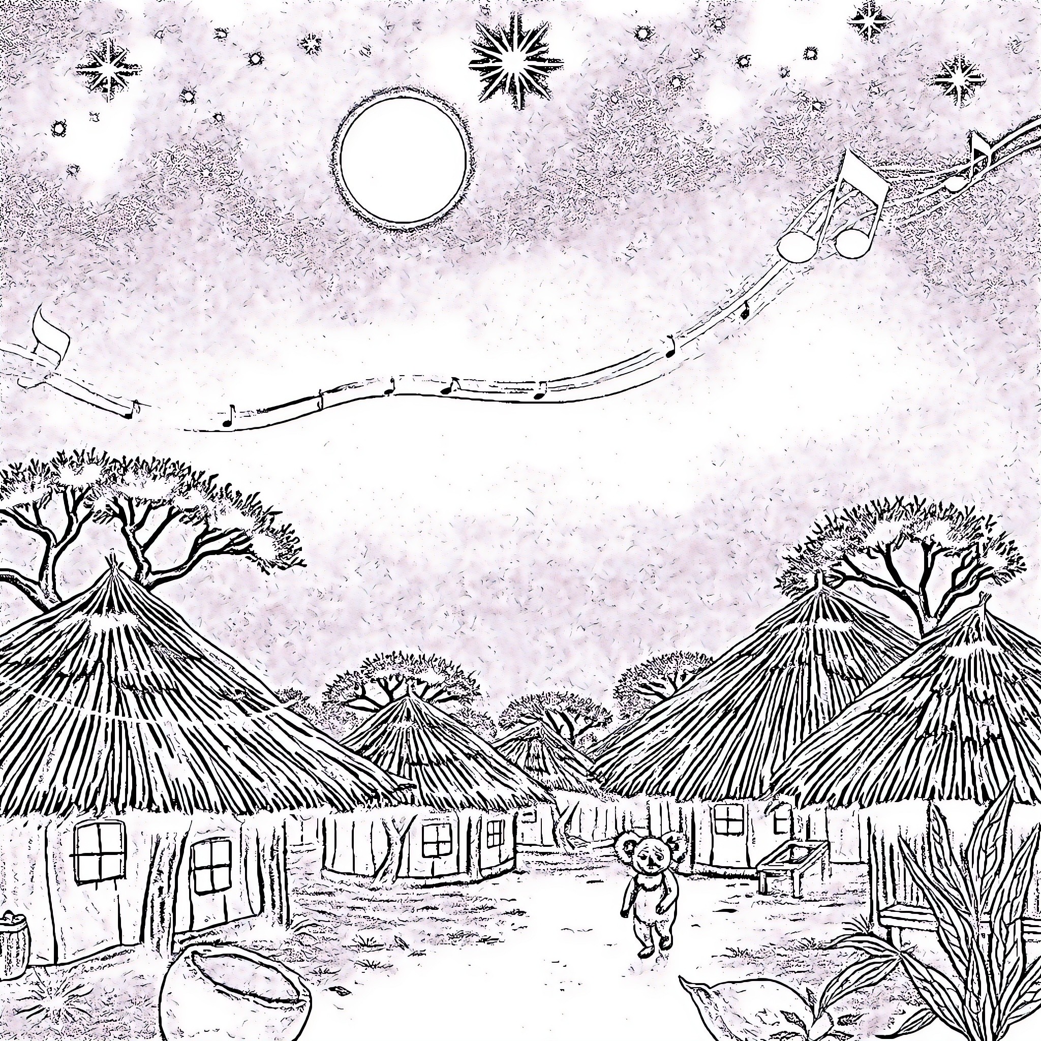 Village of Whimsical Dwellings Under a Starry Sky Coloring Page (free black-and-white line drawing printable PDF for all, from beginners to advanced learners, including children, teens, adults, and seniors)
