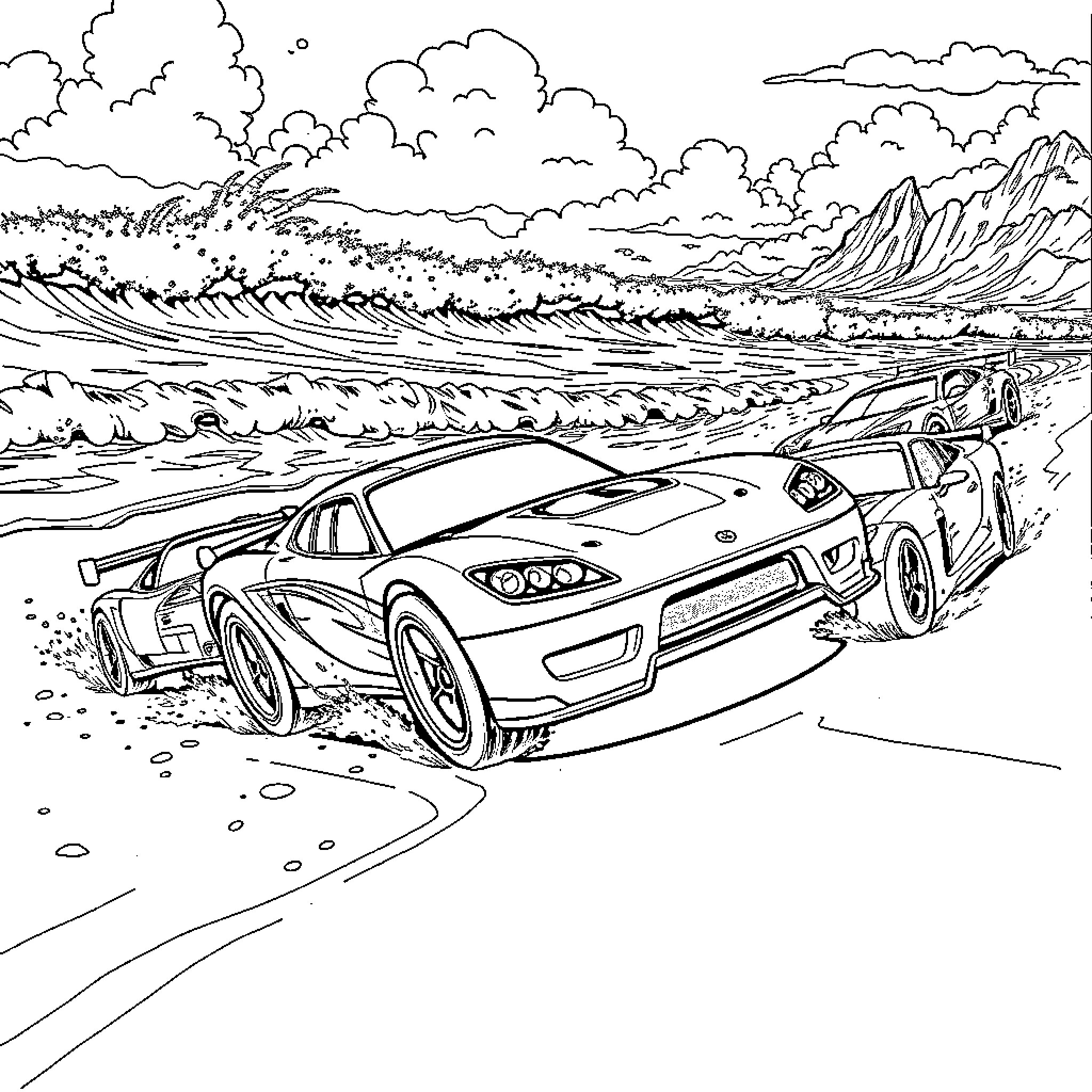 Car racing on coastal road with mountain view Coloring Page (free black-and-white line drawing printable PDF for all, from beginners to advanced learners, including children, teens, adults, and seniors)