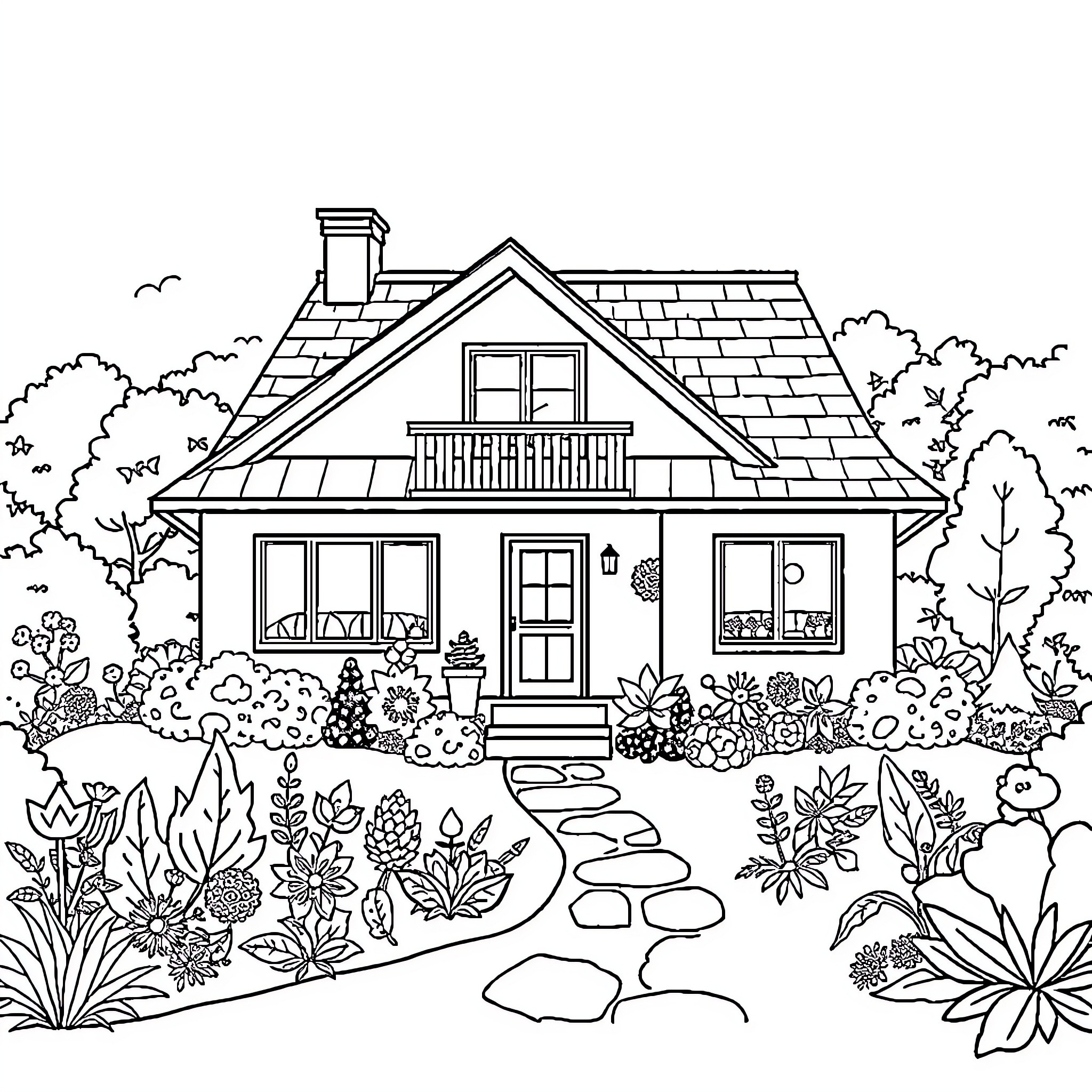 House with charming garden and plants Coloring Page (free black-and-white line drawing printable PDF for all, from beginners to advanced learners, including children, teens, adults, and seniors)