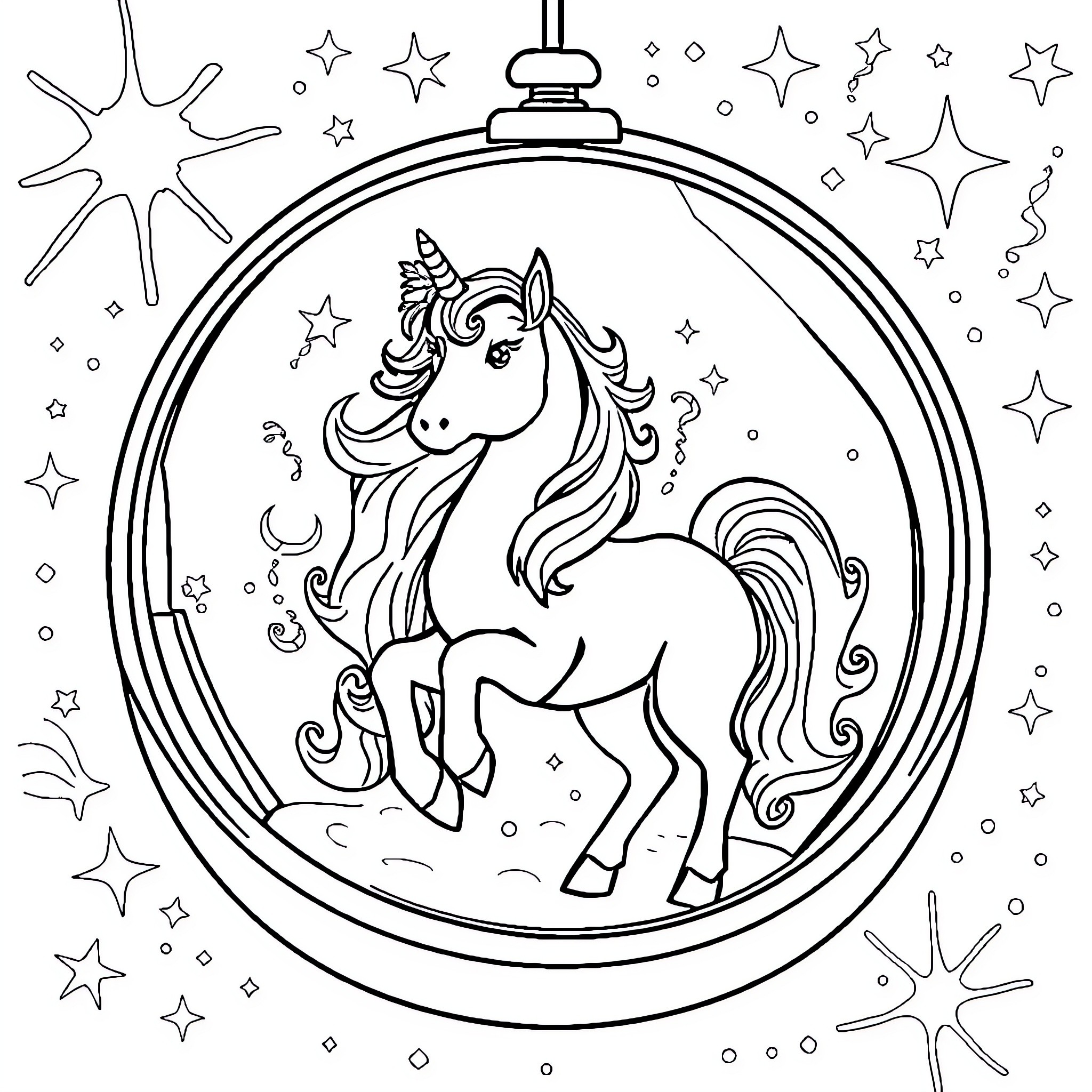 Unicorn in a Magical Ornament Coloring Page (free black-and-white line drawing printable PDF for all, from beginners to advanced learners, including children, teens, adults, and seniors)