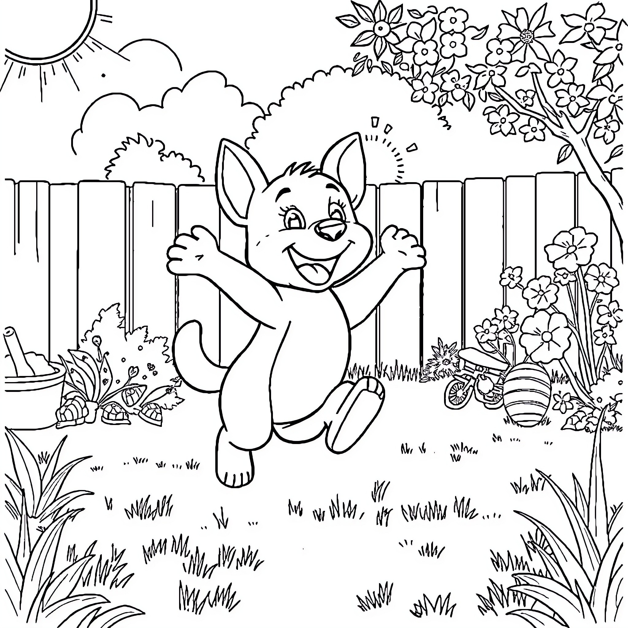 Bluey having fun in the garden Coloring Page (free black-and-white line drawing printable PDF for all, from beginners to advanced learners, including children, teens, adults, and seniors)