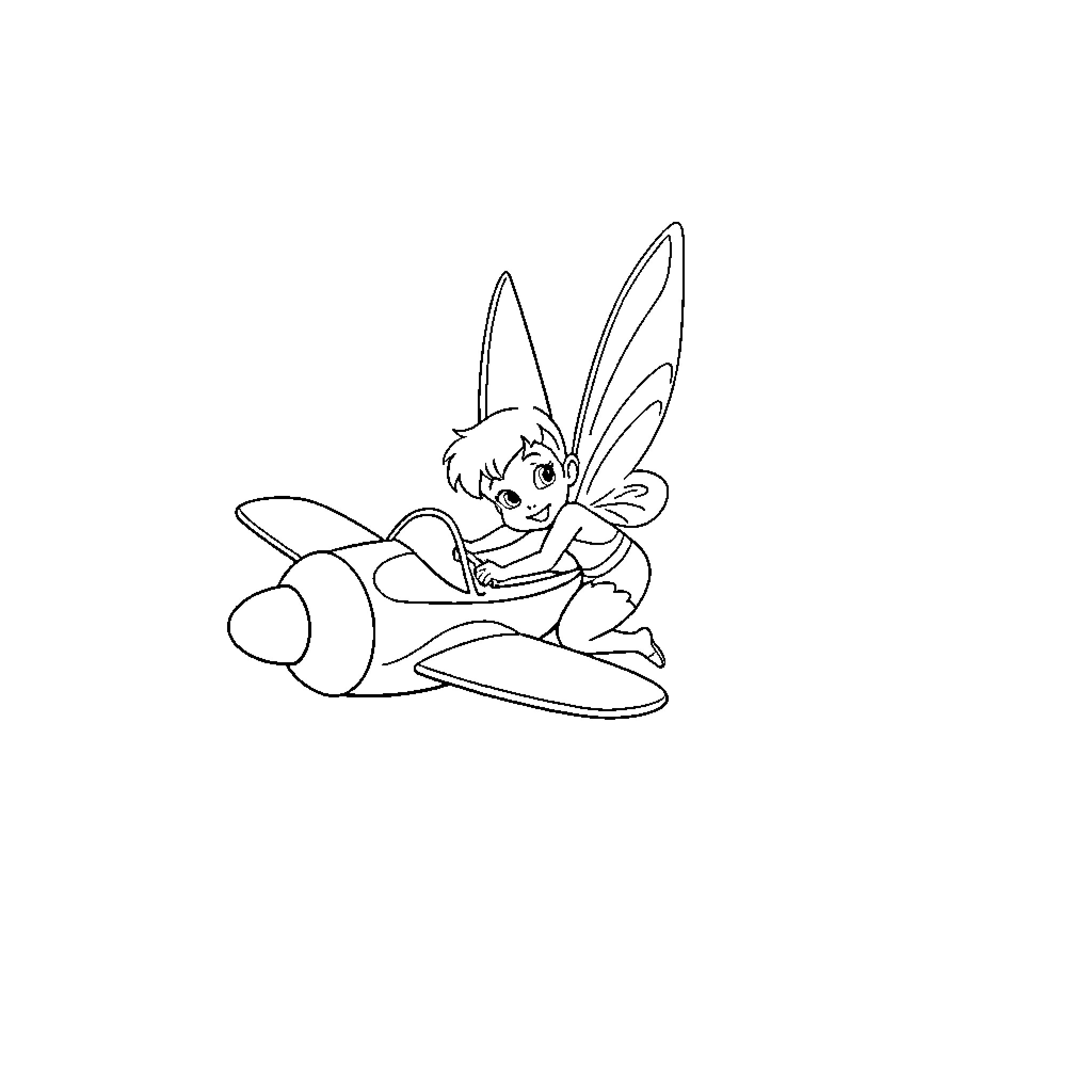 Tinkerbell flying on a plane Coloring Page (free black-and-white line drawing printable PDF for all, from beginners to advanced learners, including children, teens, adults, and seniors)