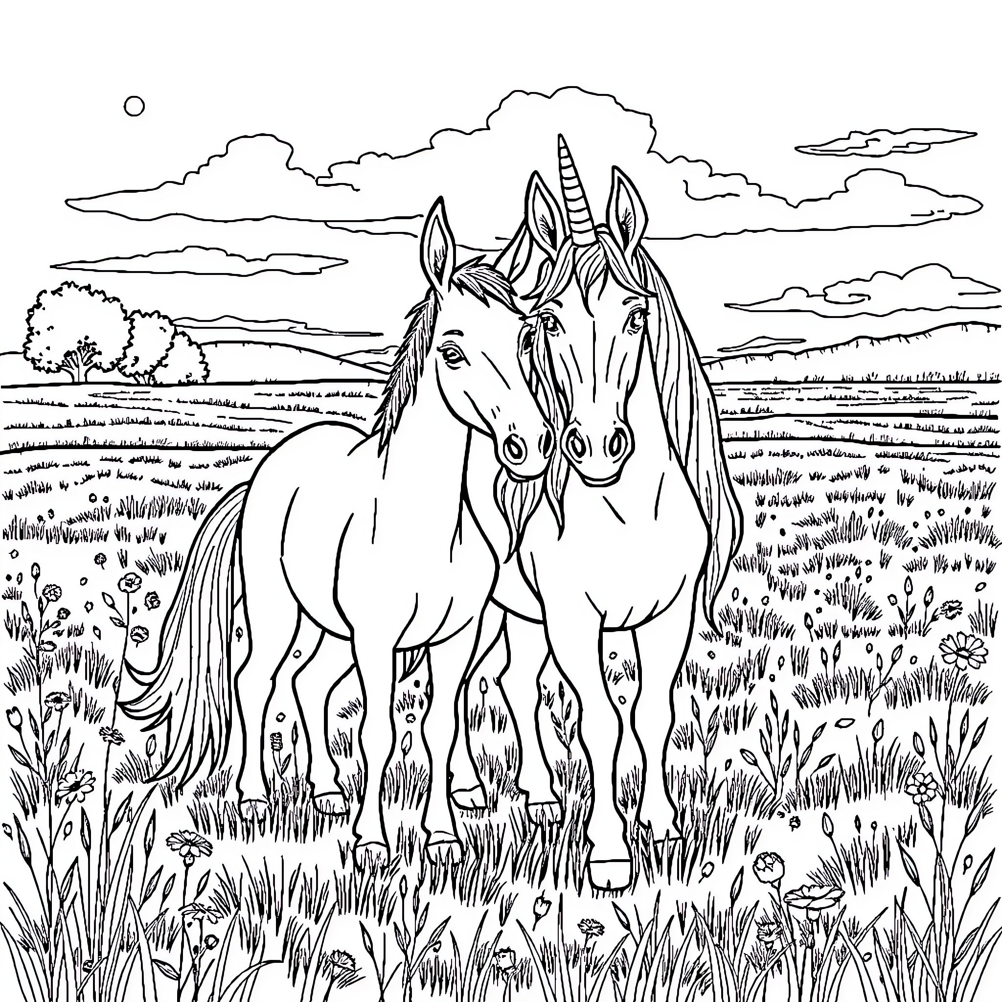 Unicorn Pair Grazing in Lush Meadow Coloring Page (free black-and-white line drawing printable PDF for all, from beginners to advanced learners, including children, teens, adults, and seniors)