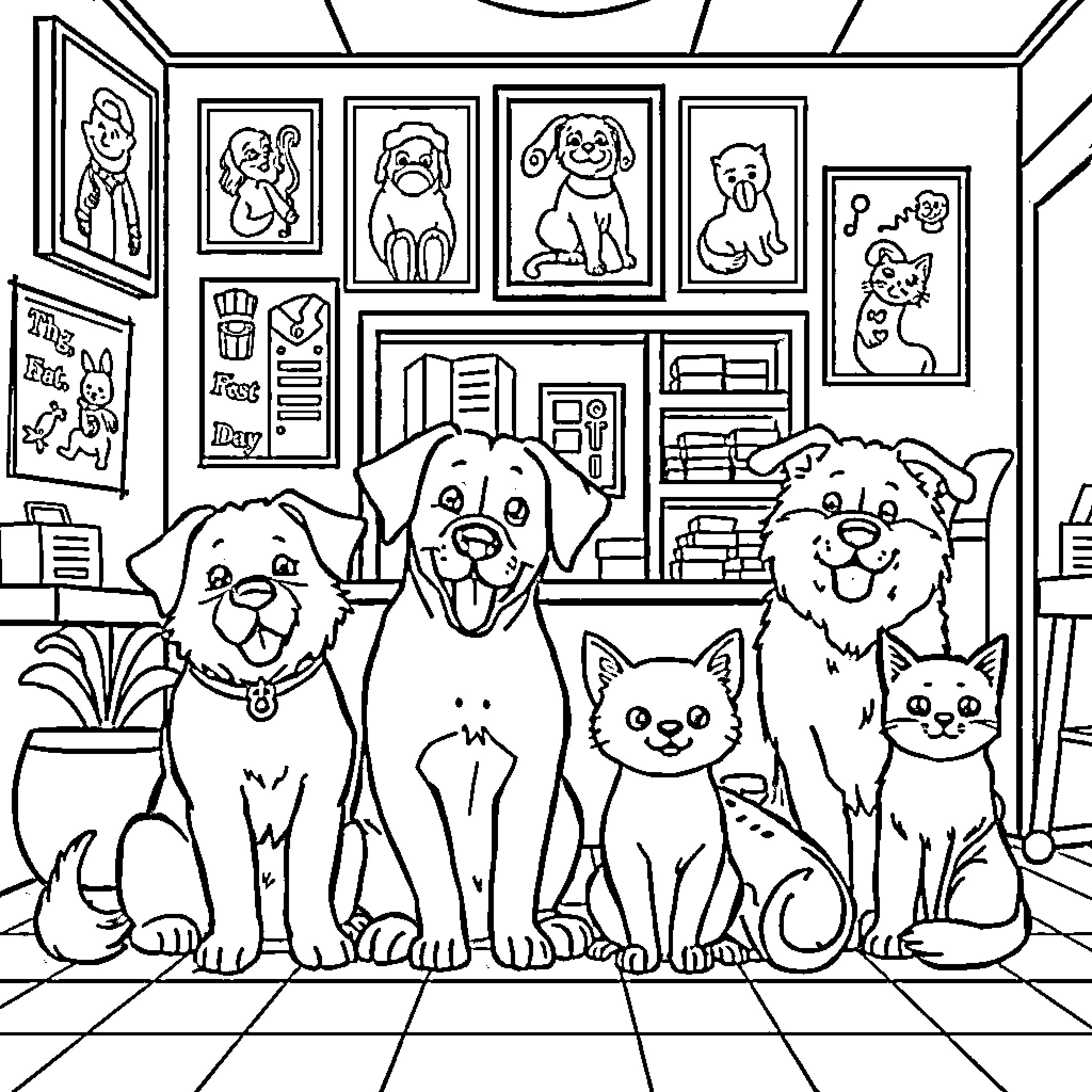 Dog and Cat Pets in a Cozy Room Coloring Page (free black-and-white line drawing printable PDF for all, from beginners to advanced learners, including children, teens, adults, and seniors)