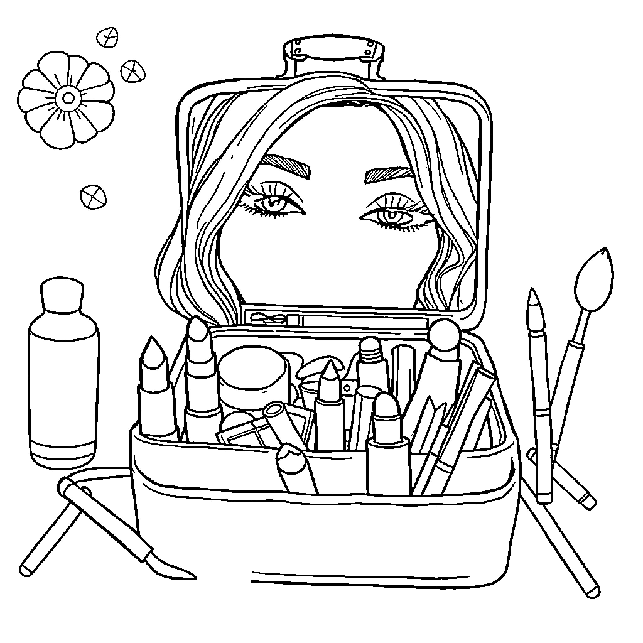 Makeup Bag with Cosmetic Tools and Accessories Coloring Page (free black-and-white line drawing printable PDF for all, from beginners to advanced learners, including children, teens, adults, and seniors)