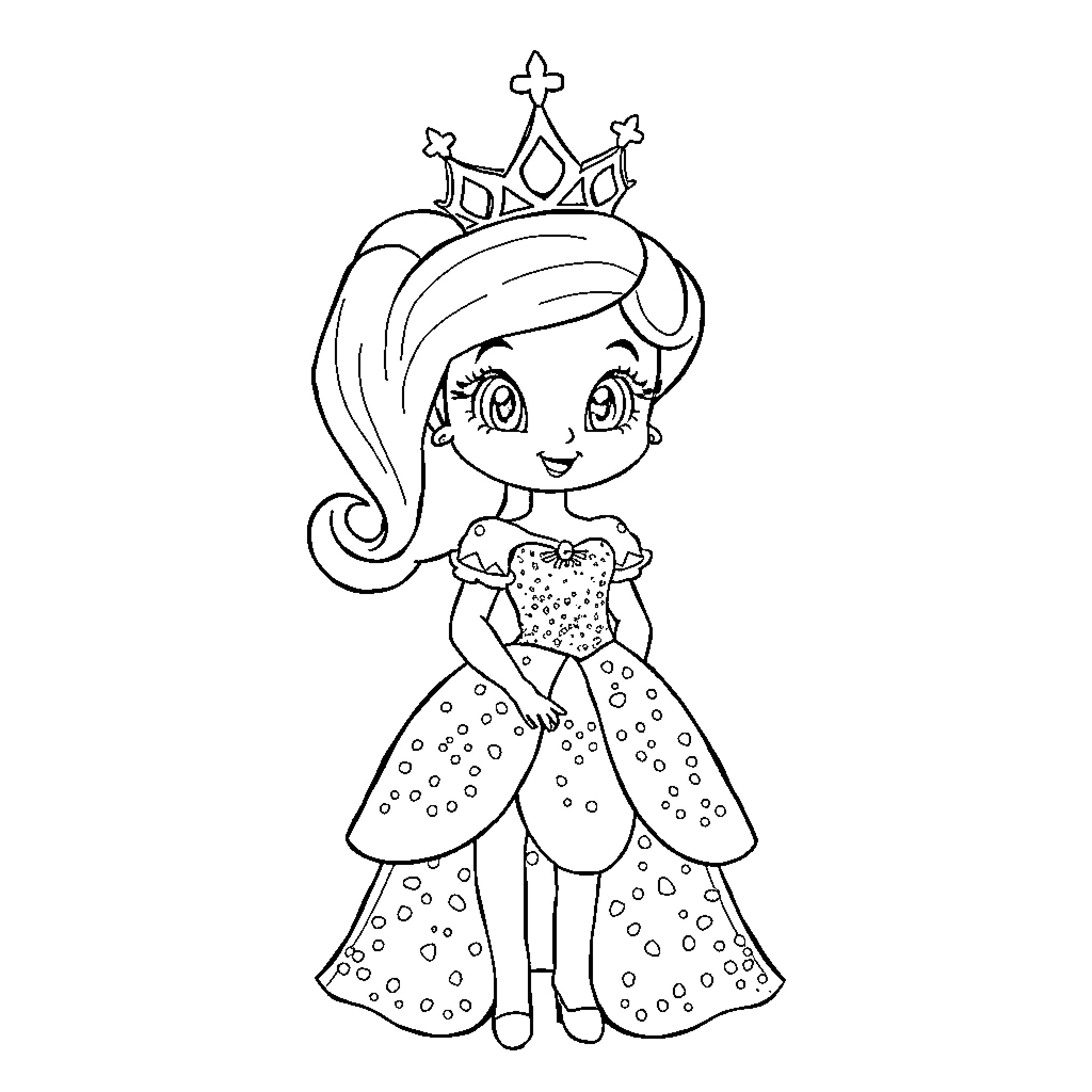 Bluey in a Princess Dress and Crown Coloring Page (free black-and-white line drawing printable PDF for all, from beginners to advanced learners, including children, teens, adults, and seniors)