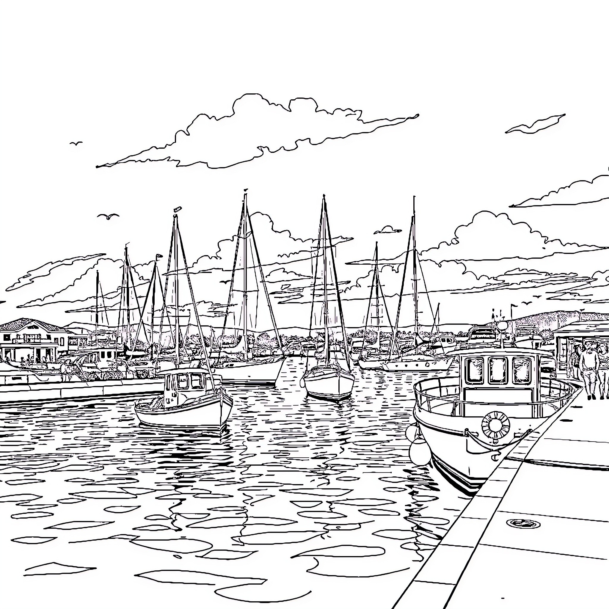 Marina with boats and sailboats in the harbor Coloring Page (free black-and-white line drawing printable PDF for all, from beginners to advanced learners, including children, teens, adults, and seniors)